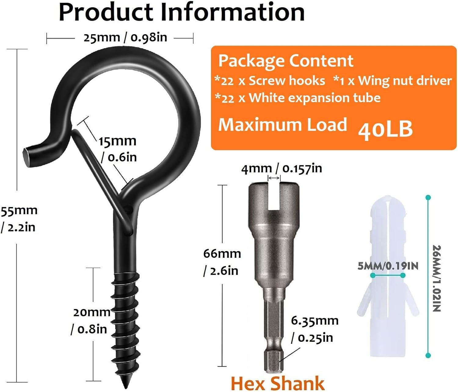 22 Pack Screw Hooks for Hanging Outdoor String Lights, Heavy Duty 2.2 Inch Black Q-Hanger Hanging Christmas Lights, Plants Include 1 Wing Nut Driver, Wall Wood Ceiling Deck Mount