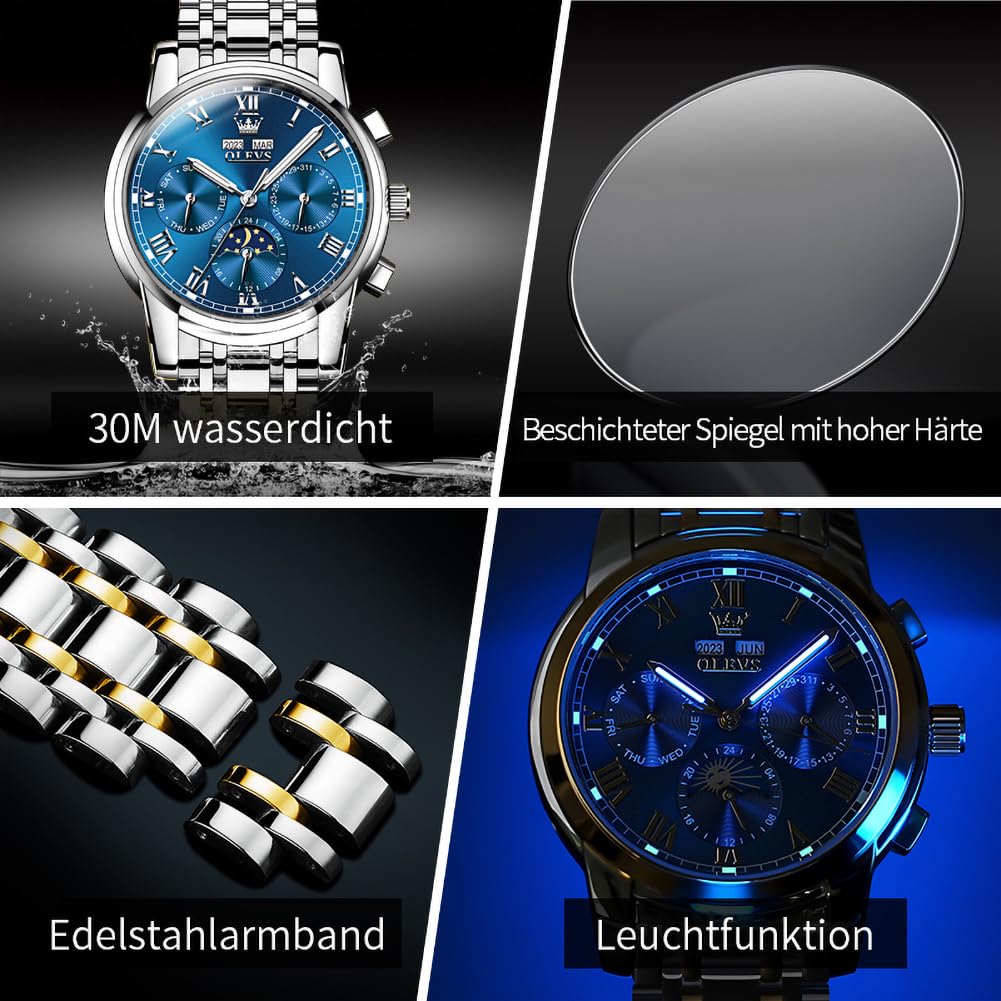 OLEVS Blaue automatische Herrenuhren, goldene selbstaufziehende mechanische Business Luxus-Armban... Ansicht 5