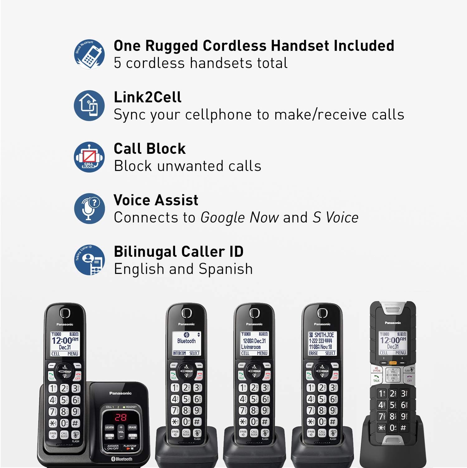 Rеvіеw Prоduсt Panasonic Rugged Link2Cell Bluetooth Cordless Phone with Voice Assist, One-Touch Call Block and Answering Machine - 4 Standard Handsets + 1 Rugged Handset - KX-TGD585M2 (Black)