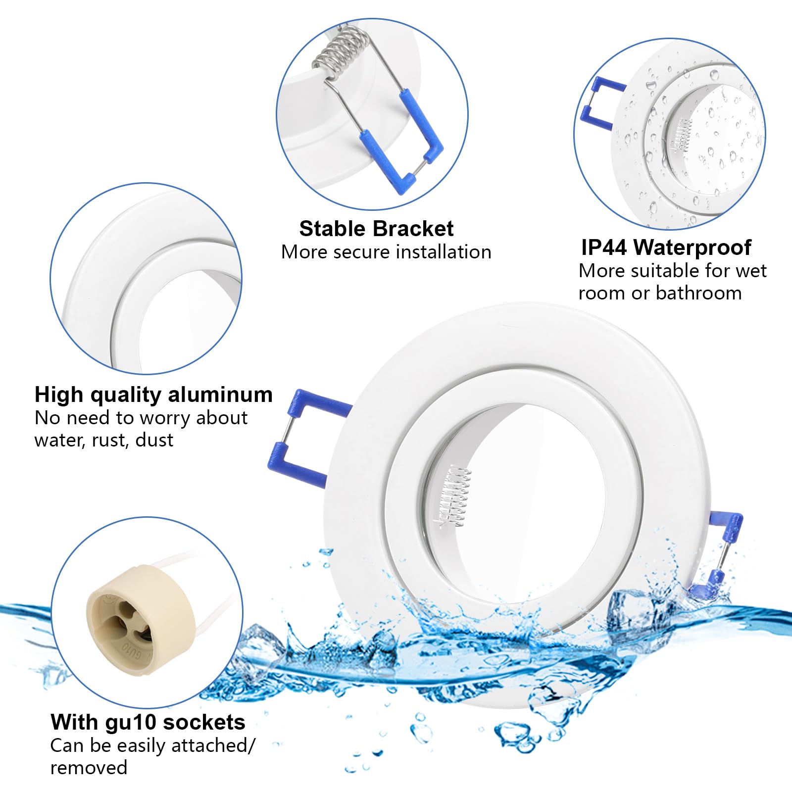 KYOTECH Lot de 4 Spot Encastrable GU10 LED pour Salle de Bain IP44 Spots de plafond 68mm - Cadre Rond Blanc avec Douilles GU10 pour Lampes Halogènes MR16 et Modules LED