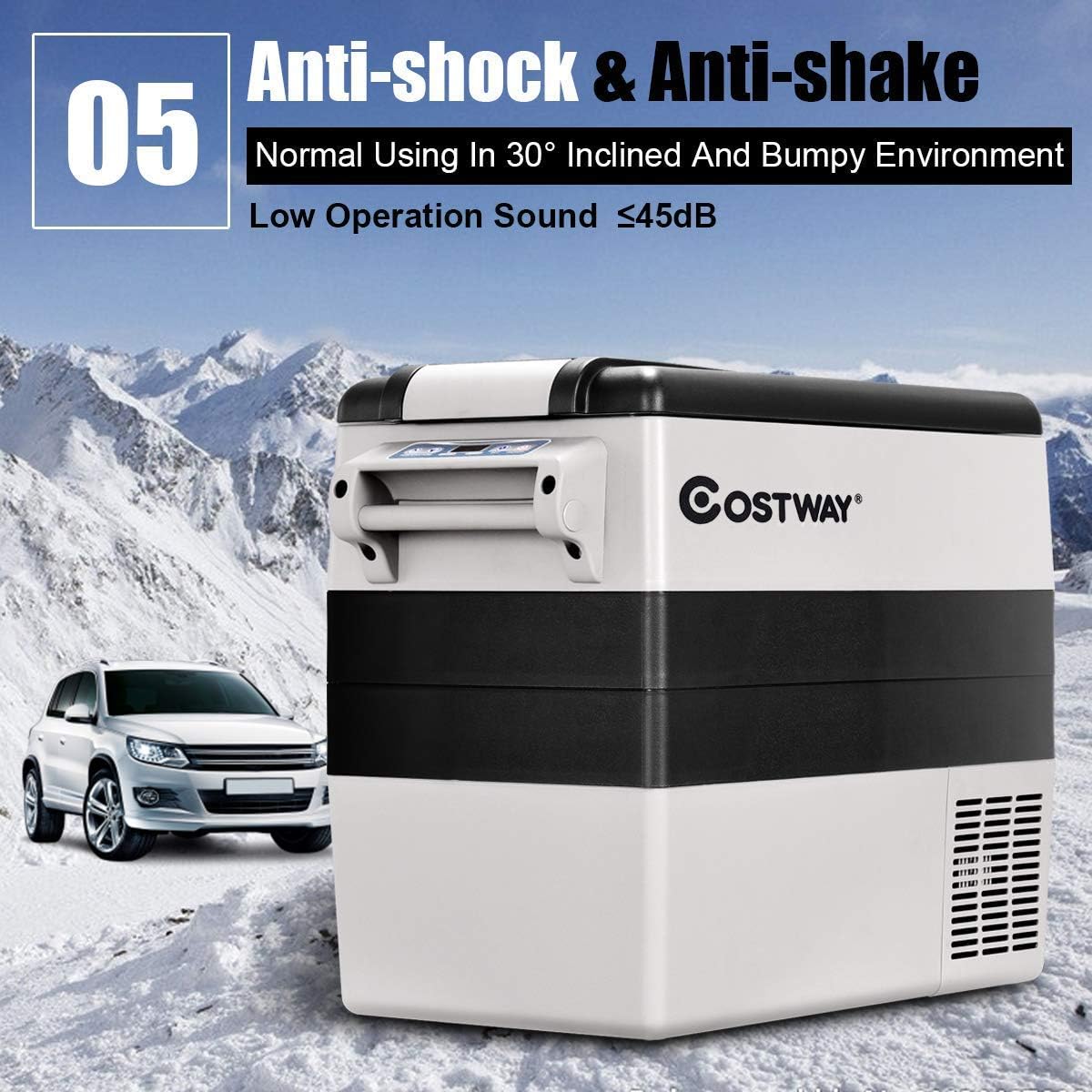 COSTWAY Car Refrigerator, 55-Quart Dual-zone Electric Cooler with Shockproof, LCD Display, 12V/24V DC, 100-240V AC, -4°F to 50°F, Portable Car Fridge for RV Truck Travel Home Camping Vehicles, Gray