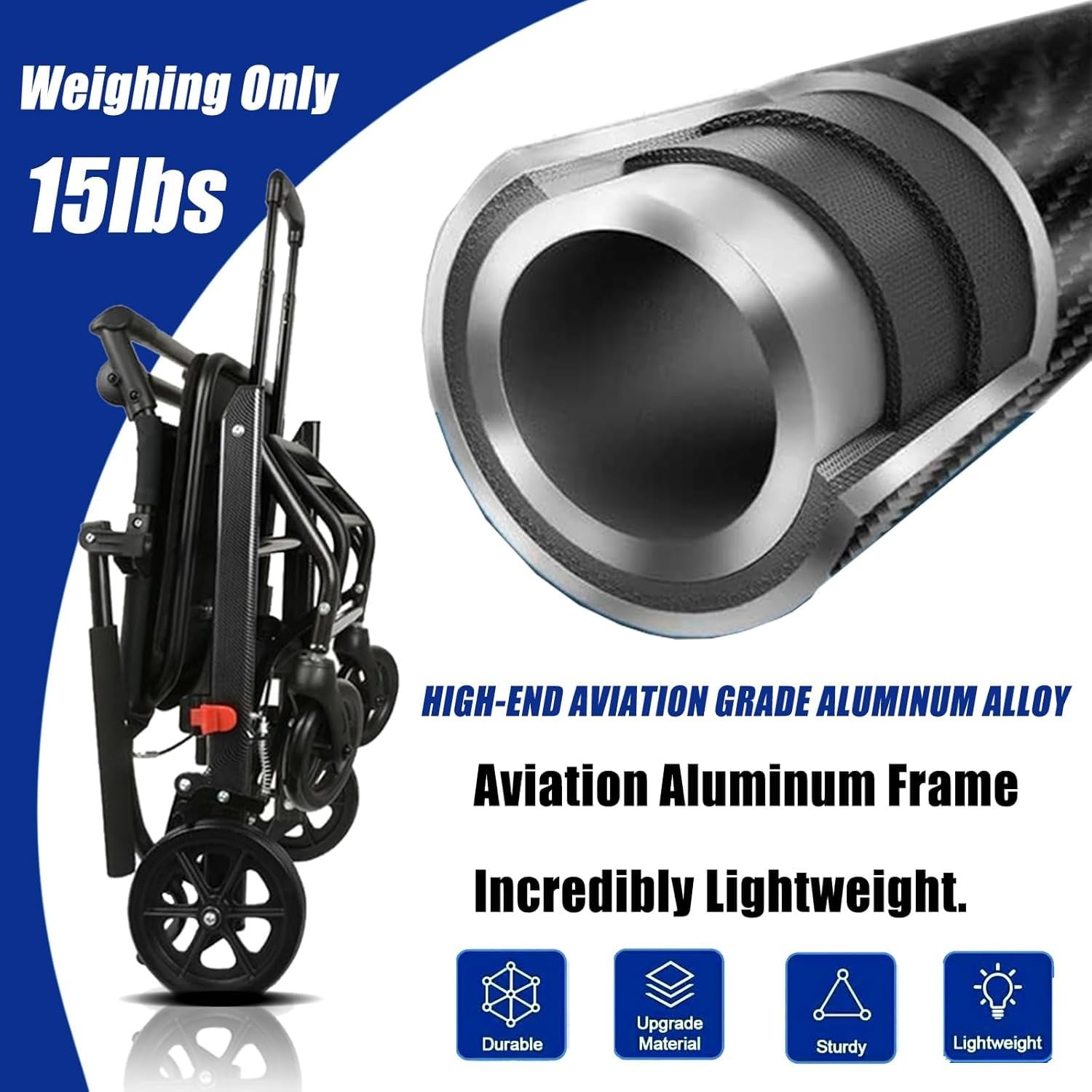 Silla Ruedas Transporte Ultraligera,Sillas Ruedas Transporte Plegables para Adultos Las Más Ligeras Solo 15 Libras con Mango Telescópico,Silla Ruedas Viaje