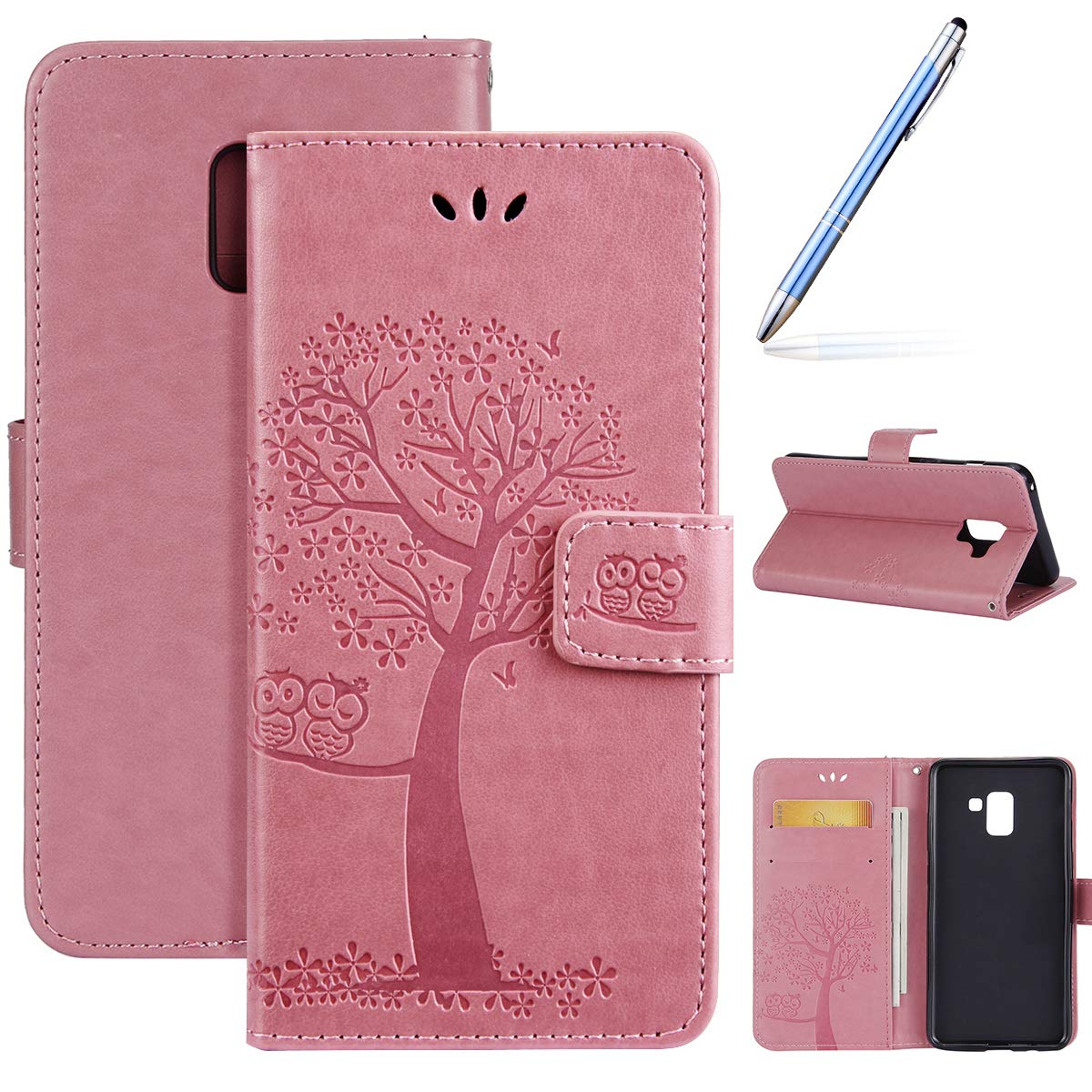Robinsoni Galaxy A8 2018 3D Flap Painted Effect Cat & Tree Pretty Case PU Leather Wallet Pouch Protective Cover Magnetic Flip Stand Cover Money Pouch Folio Gel Bumper Protective Cover, Pink