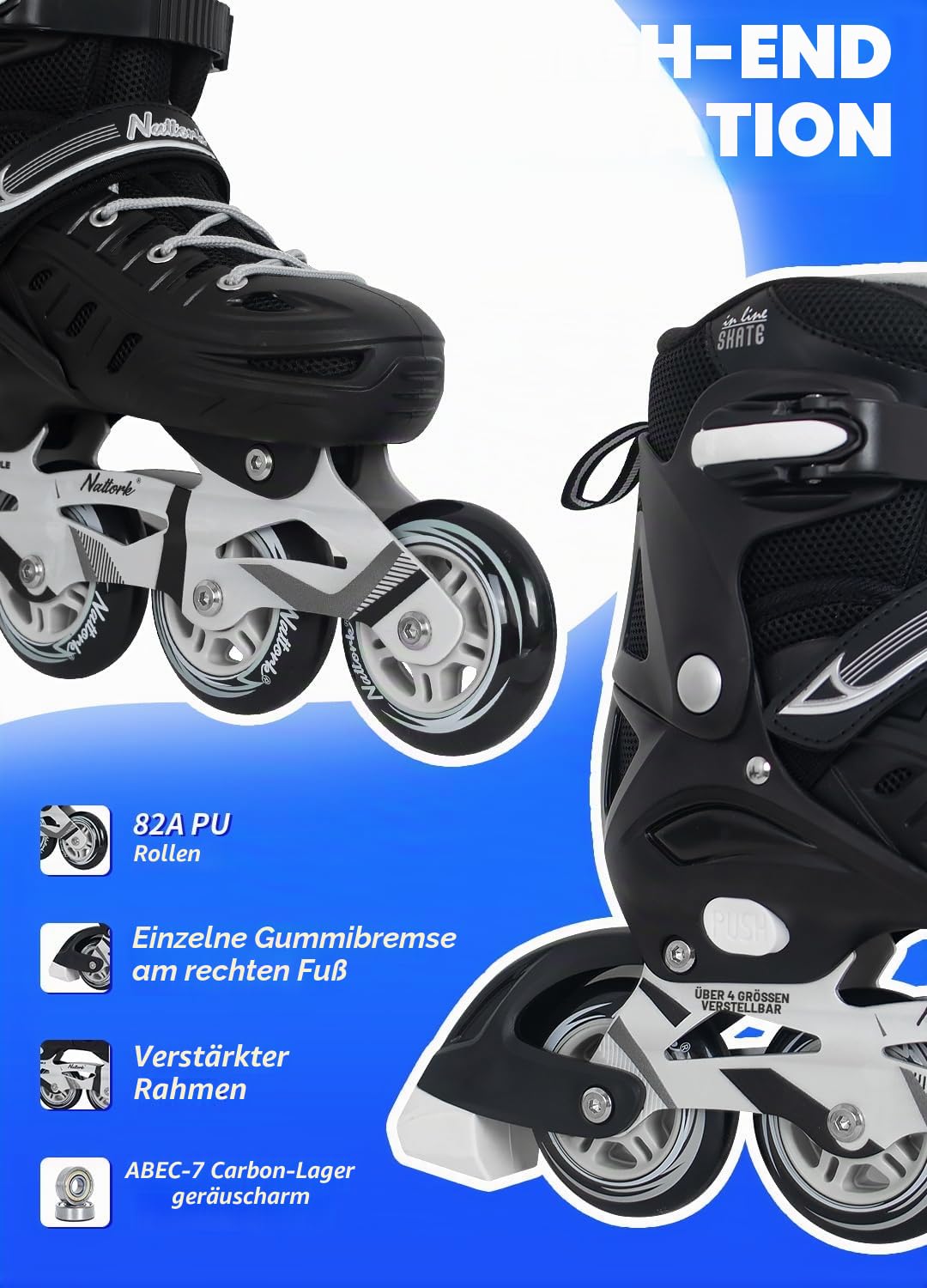 Nattork Inliner für Kinder und Erwachsene, 4 Größen Verstellbare Inline Skates Herren Damen, Rollerblades Outdoor und Indoor Anfänger