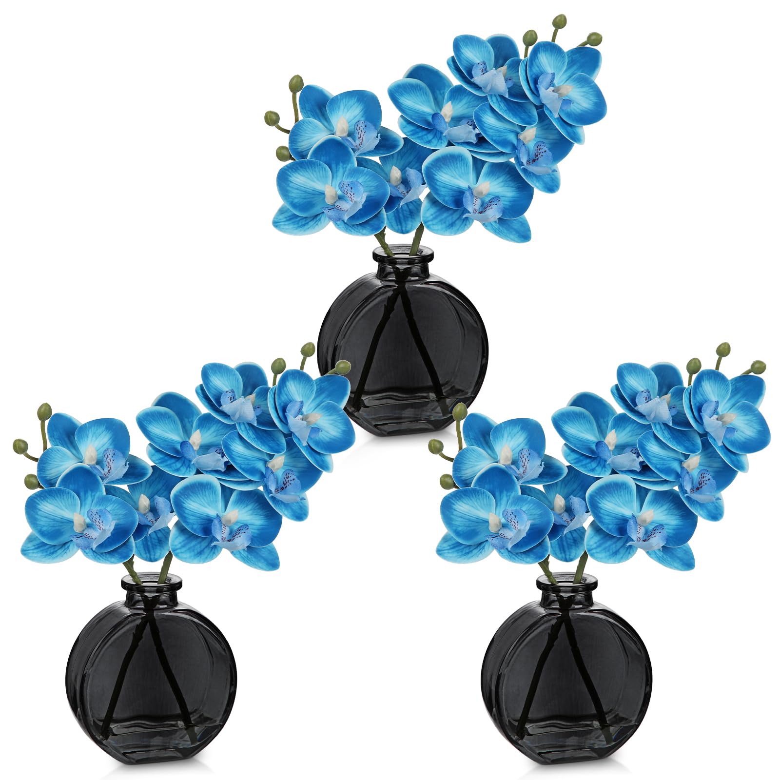 Hollyone 3pcs Artificial Blue Orchid Flower in Vase, Small Fake Orchid Plant with Glass Vase, Decorative Faux Phalaenopsis for Wedding, Centerpiece, Home Decor, Living Room, Bathroom Decorations