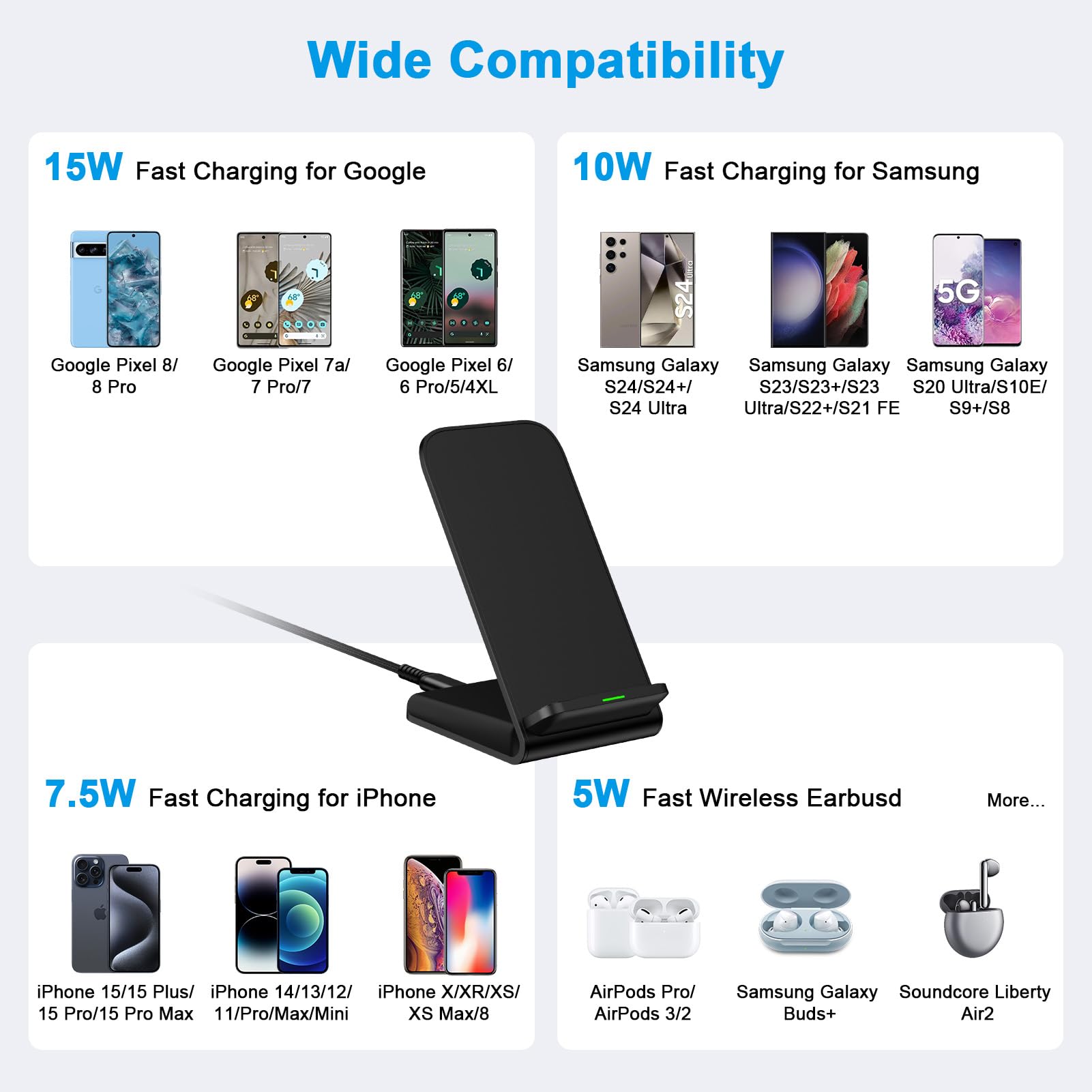 Samsung Wireless Charger Stand Fast Charging for Samsung Galaxy S24 Ultra S24 S23 S22 S21 S20, 2Pack 15W Android Wireless Charger Stand Fast Charging Station for Pixel 8a 8 Pro 7a 6, iPhone 15 Pro