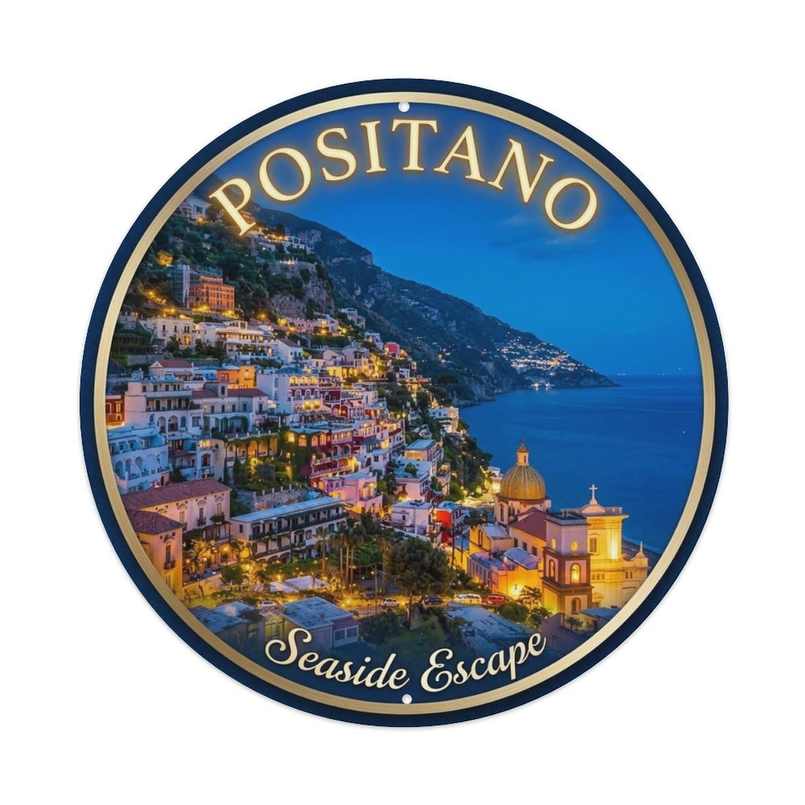 Maritime Positano Italy City Classic Destination Heritage Metal Tin Sign Plaque Wall Decor for Cafe, Man Cave, Club Bar, Office, Home Garden Round Metal Poster 8x8Inch