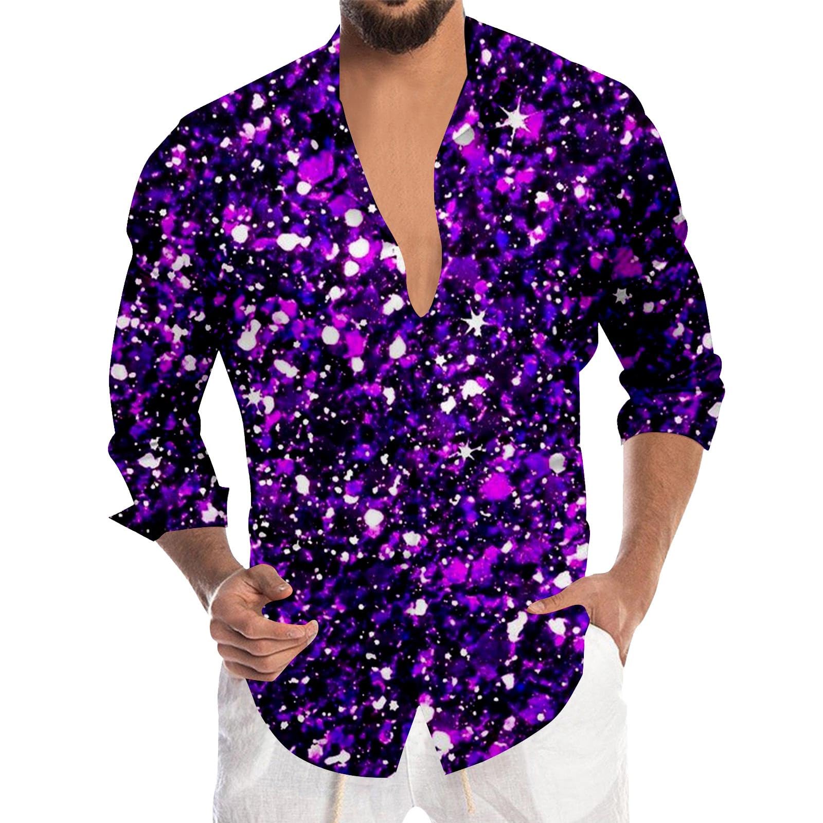 Glitter Shirt Men's Sequin Metallic Shiny Slim Fit Satin Long Sleeve Casual Business Shirts for Carnival Night Club 70s Disco Party Fancy Dress Costumes Purple — image 1