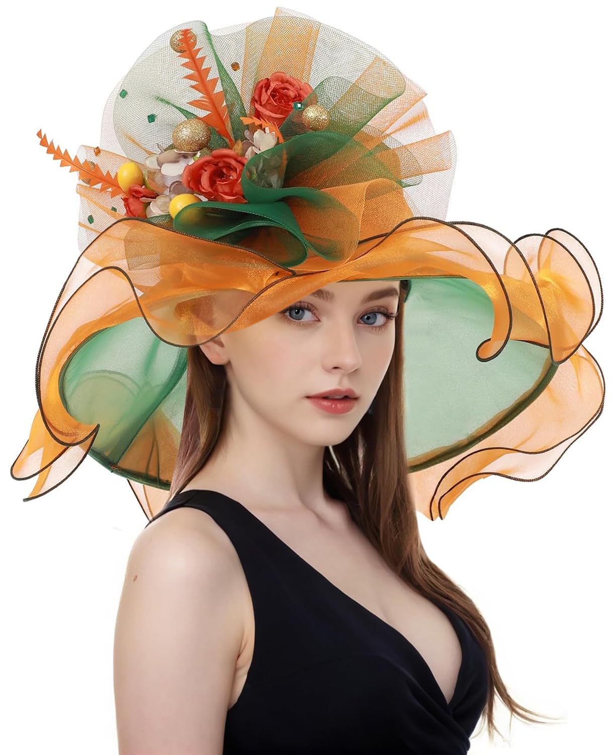 ELLYDOOR Women Derby Church Hat Organza Flower Wedding Tea Party Fascinator Hat Wide Brim Sun Hat