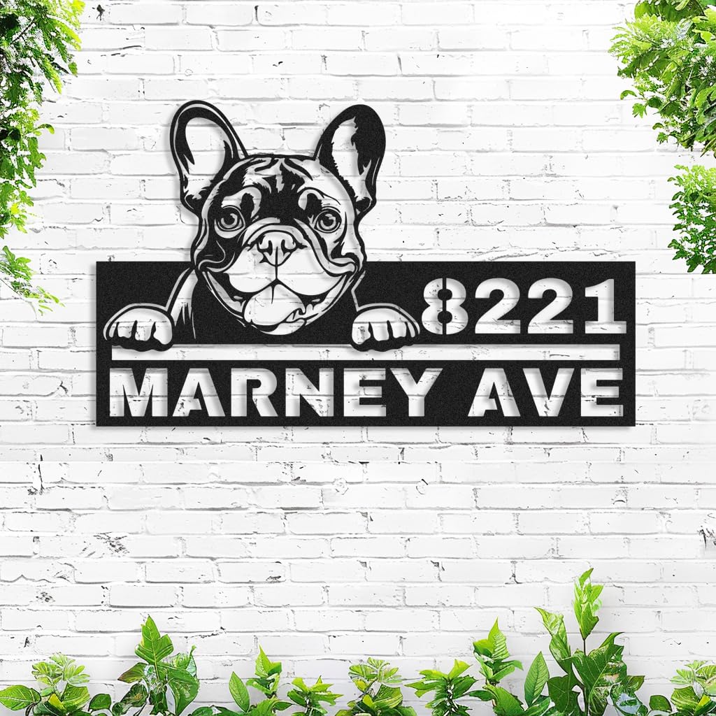 Adthyuxq French Bulldog Personalized Metal House Number Address Sign For Outside, Custom Customized Bulldog Address Plaque Outdoor Decor Wall Hanging Welcome Sign Metal Wall Art For Dog Lovers