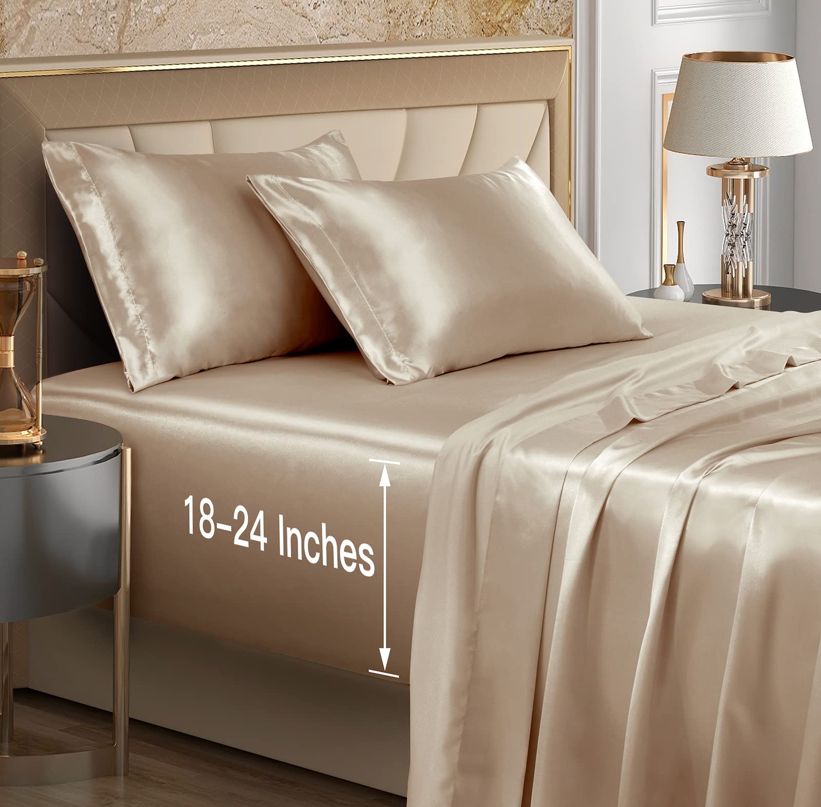 VACVELT 4pcs Extra Deep Pocket Satin Sheets King Size Bed Set, Beige Satin Sheet Set Fit 18-24 Inch Deep Pocket Mattress, Silky & Luxury Satin Bedding Set Soft & Ultra Deep Fitted Sheet Set