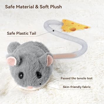 Migipaws Interactive MigiMouse Cat Toy 360 Rolling & Spin with Mesh Plastic Tail for Indoor Cats Smart Motion Sensor, Realistic Squeak, Rechargeable Plush Kitten Toy(Grey)