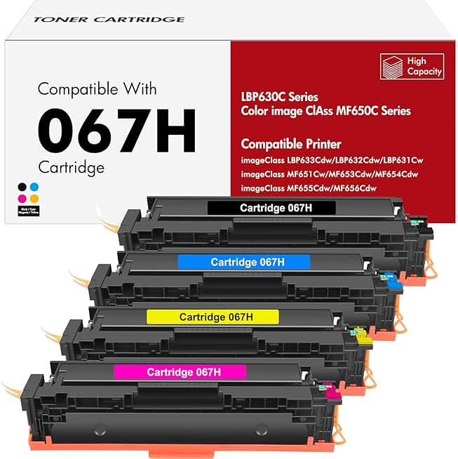 067H 067 Toner Cartridge Set MF650C MF654Cdw MF656Cdw Compatible for Canon 067 Color ImageCLASS LBP632Cdw MF653Cdw LBP633Cdw MF652Cdw LBP630C MF651Cw LBP631Cw MF655Cdw Printer High Yield 4 Pack Ink