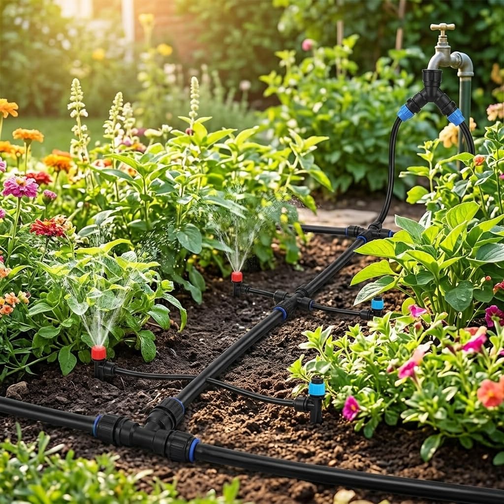 Kit Irrigazione a Goccia 15+60m, di Irrigazione Automatica per Giardino e Orto, Tubo Irrigazione a Goccia in PE