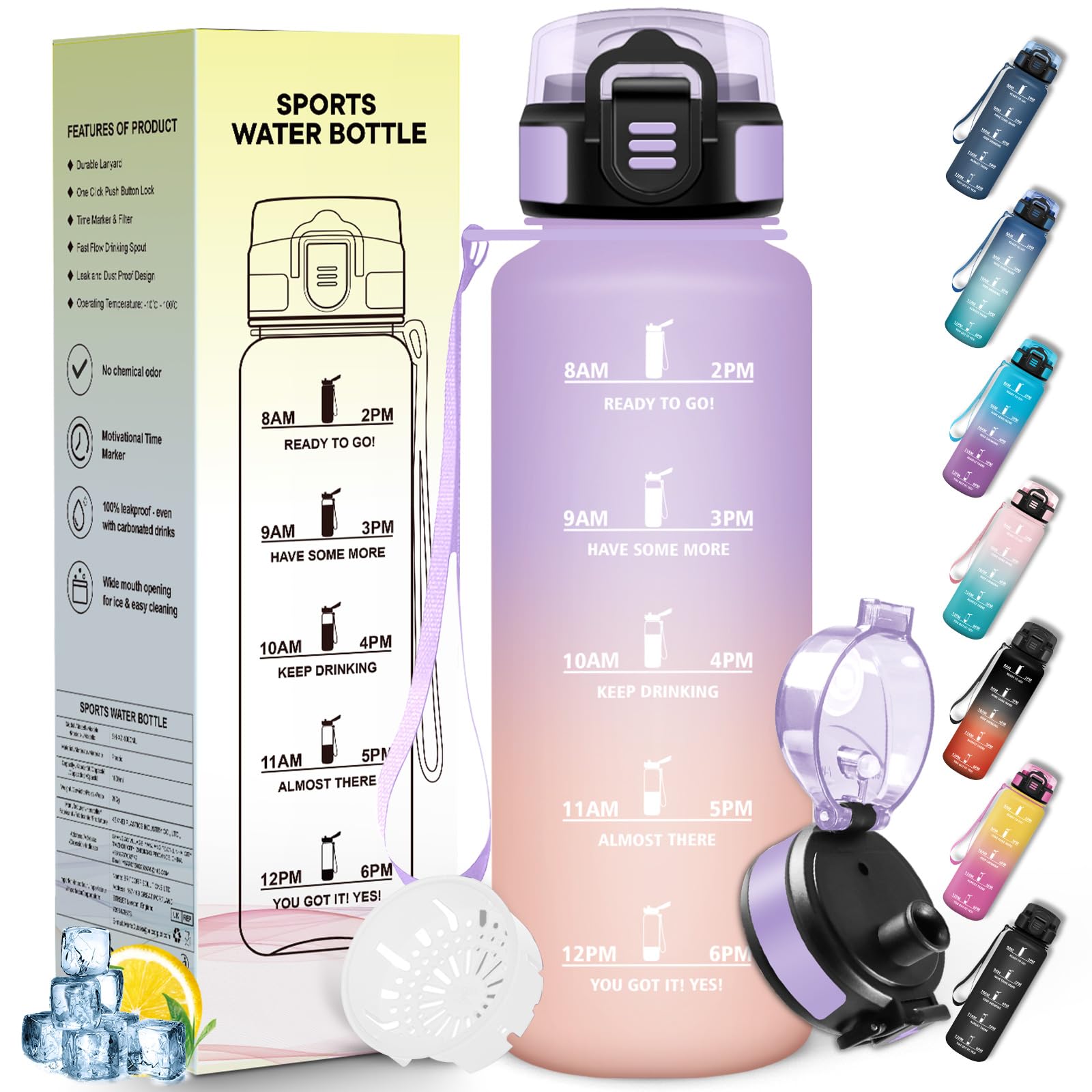Borraccia 1500 ml, Prova di Perdite, Borraccia Motivazionale, Sportiva Tempo, Borraccia Sportiva Lavanda chiara & Rosa chiaro