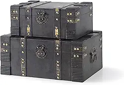 Soul & Lane Caixas de madeira com tampas articuladas – Conjunto de 2, baús decorativos para armazenamento e decoração de casa, baús de tesouro de madeira antiga marrom escuro para lembranças