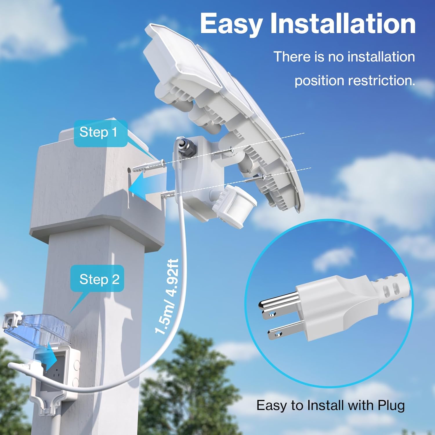 Olafus 180W Motion Sensor Outdoor Light Plug in, 18000LM Motion Flood Light Dusk to Dawn, IP65 Waterproof Exterior LED Security Lights, 5 Heads Motion Detector Yard Lights for Garage Backyard - White