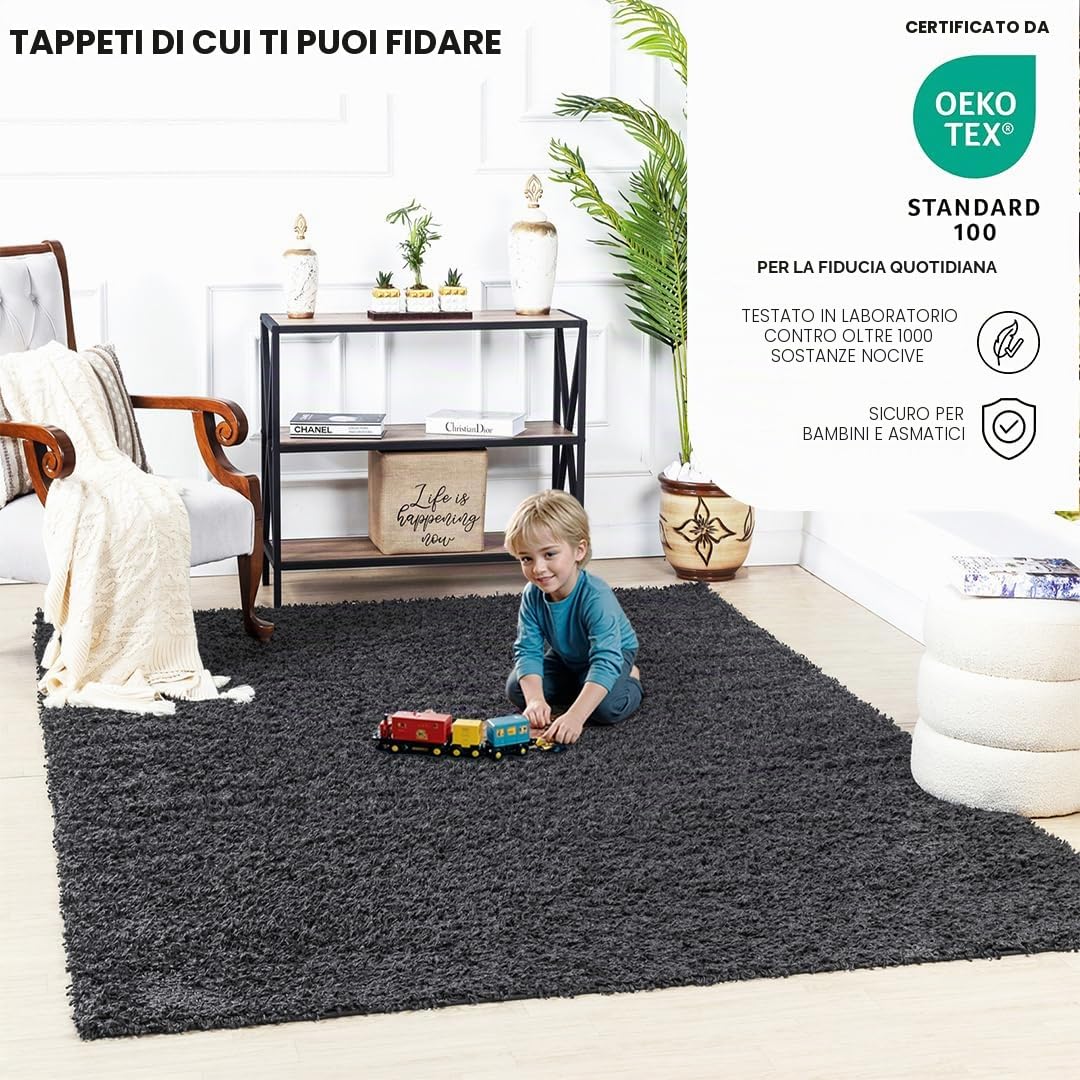 Livabliss Tappeto Shaggy Home Ampio Tappeto Salotto Moderno, Sala da Pranzo, Morbido Tappeti Shaggy per Camera da Letto, Motivo Astratto Berbero Peloso, leggera da Pulire, 160x220 cm Grigio Scuro