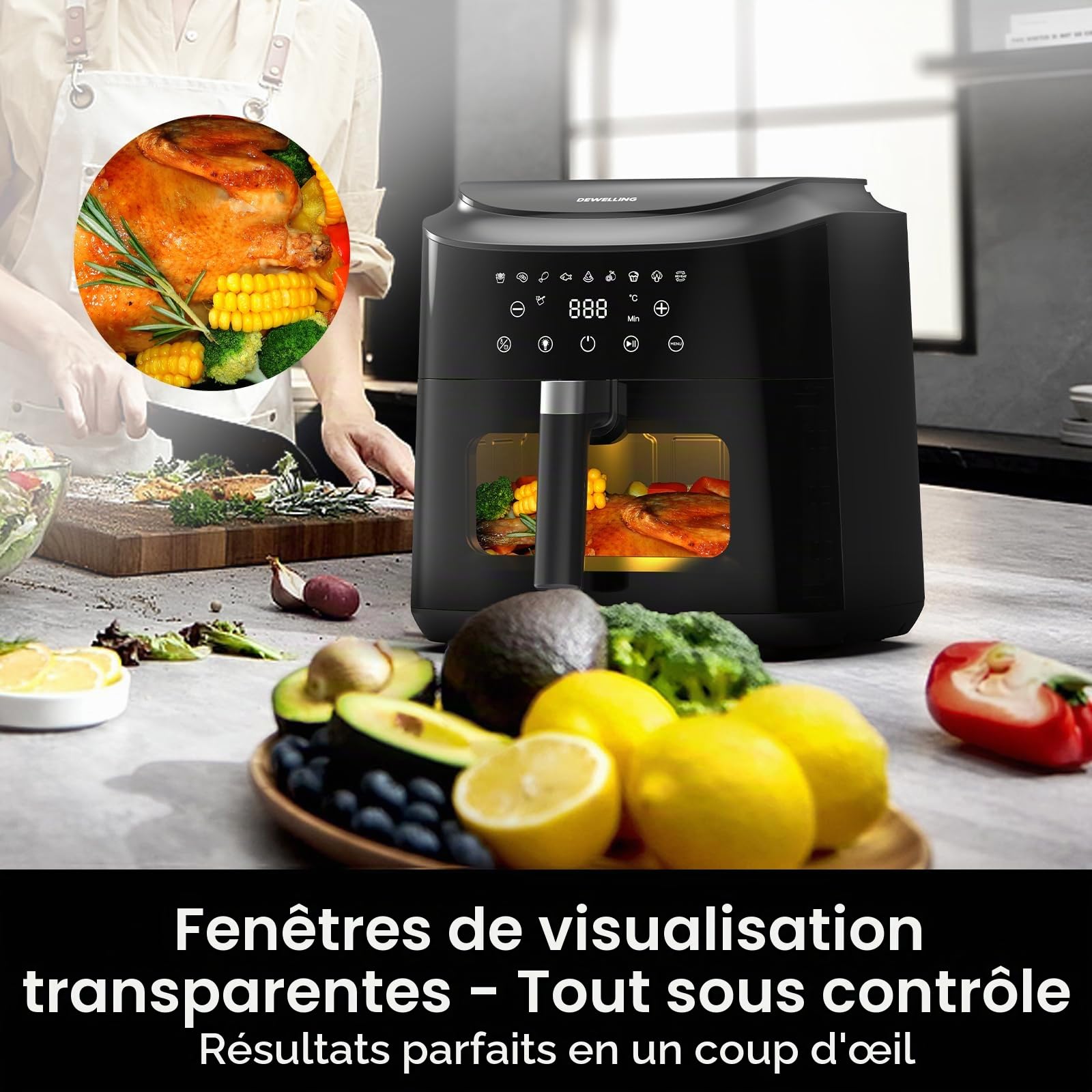 Air Fryer XXL 9L – 2350W Friteuse sans Huile pour une cuisson rapide, Friteuse à air avec Grande fenêtre, 9 Programmes, 40–200°C, Rappel Shake, Maintien au Chaud