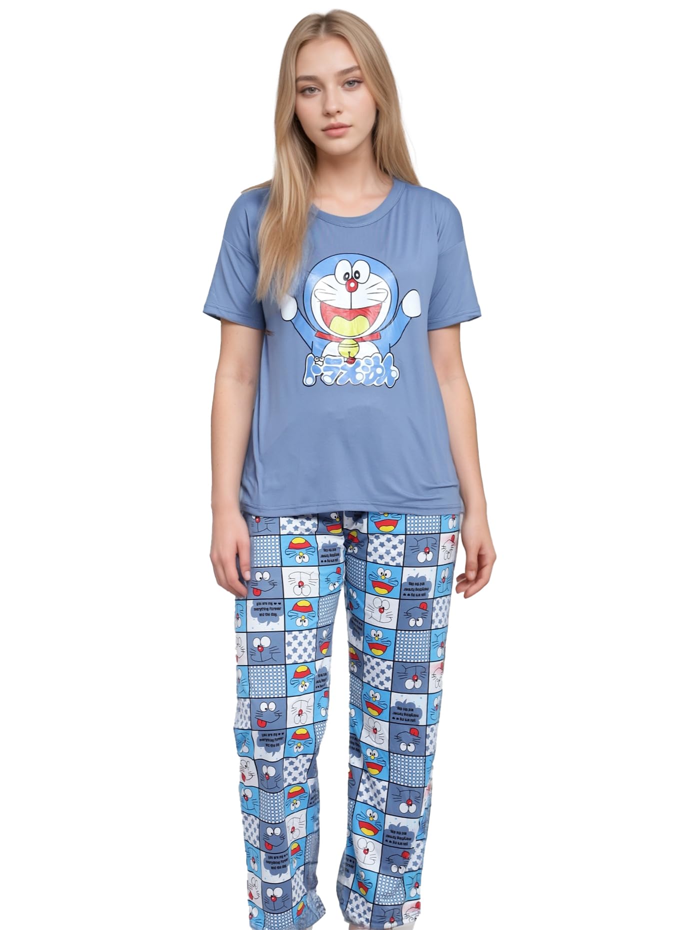 Women Cartoon Print Short Sleeve Top with Long Pants Two Piece Pajama Sets-image-1