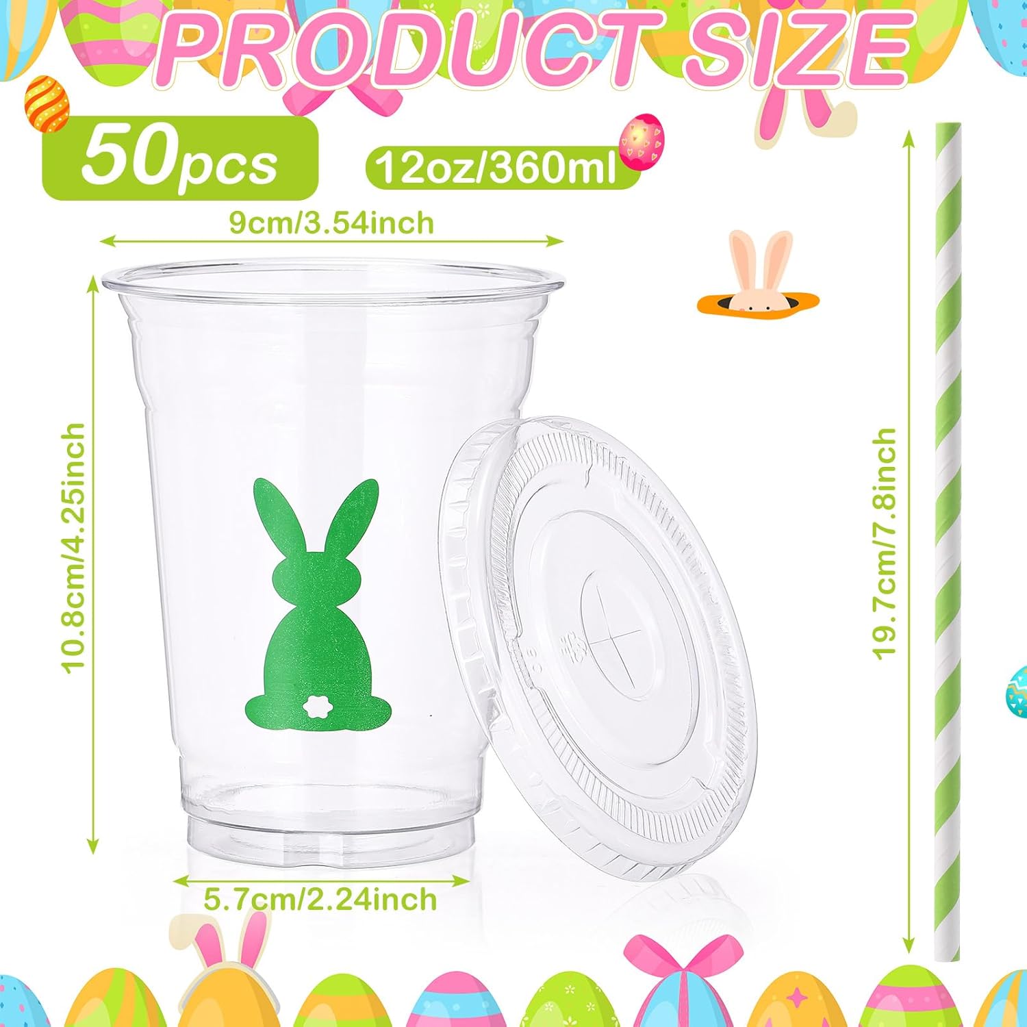50 Pcs 12 oz Easter Bunny Plastic Cups with Lids and Straws, Spring Easter Plastic Beverage Drinking Cups for Cocktail Holiday Party Wedding Birthday Supplies - Image 2