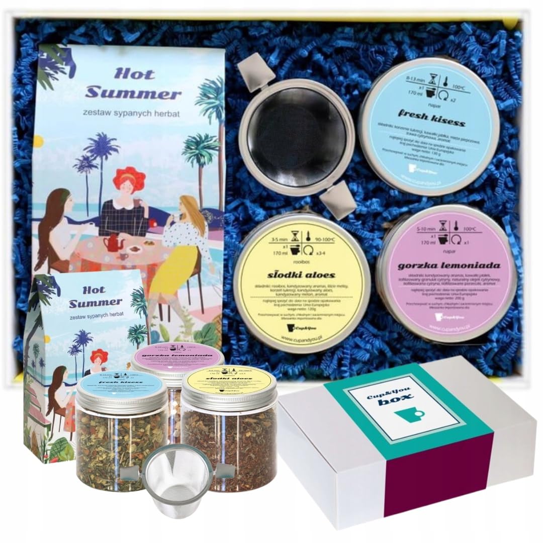 Letni box prezentowy HOT SUMMER - zestaw letnich herbat z zaparzaczem, herbaty: rooibos SŁODKI ALOES, ziołowa FRESH KISSES, owocowa GORZKA LEMONIADA