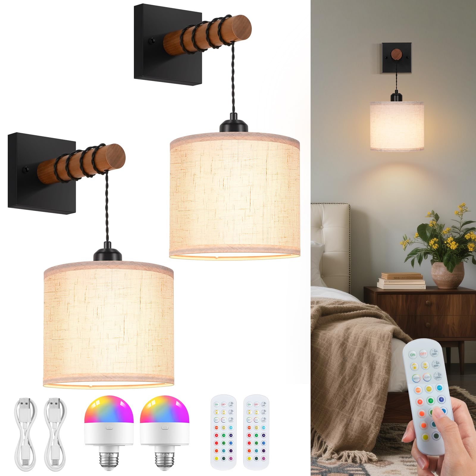 Paquete de 2 apliques de pared que funcionan con pilas, 8000 mAh, RGB recargables, 15 colores, regulables, inalámbricas, funciona con pilas, para sala de estar, dormitorio, color negro
