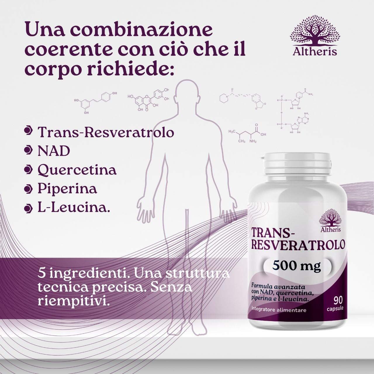 Trans Resveratrolo 500mg Puro NAD 90Cps con Quercetina L-Leucina e Piperina - Trans Resveratrolo Sirtuine, Polifenoli, Antietà, Antiossidante Naturale