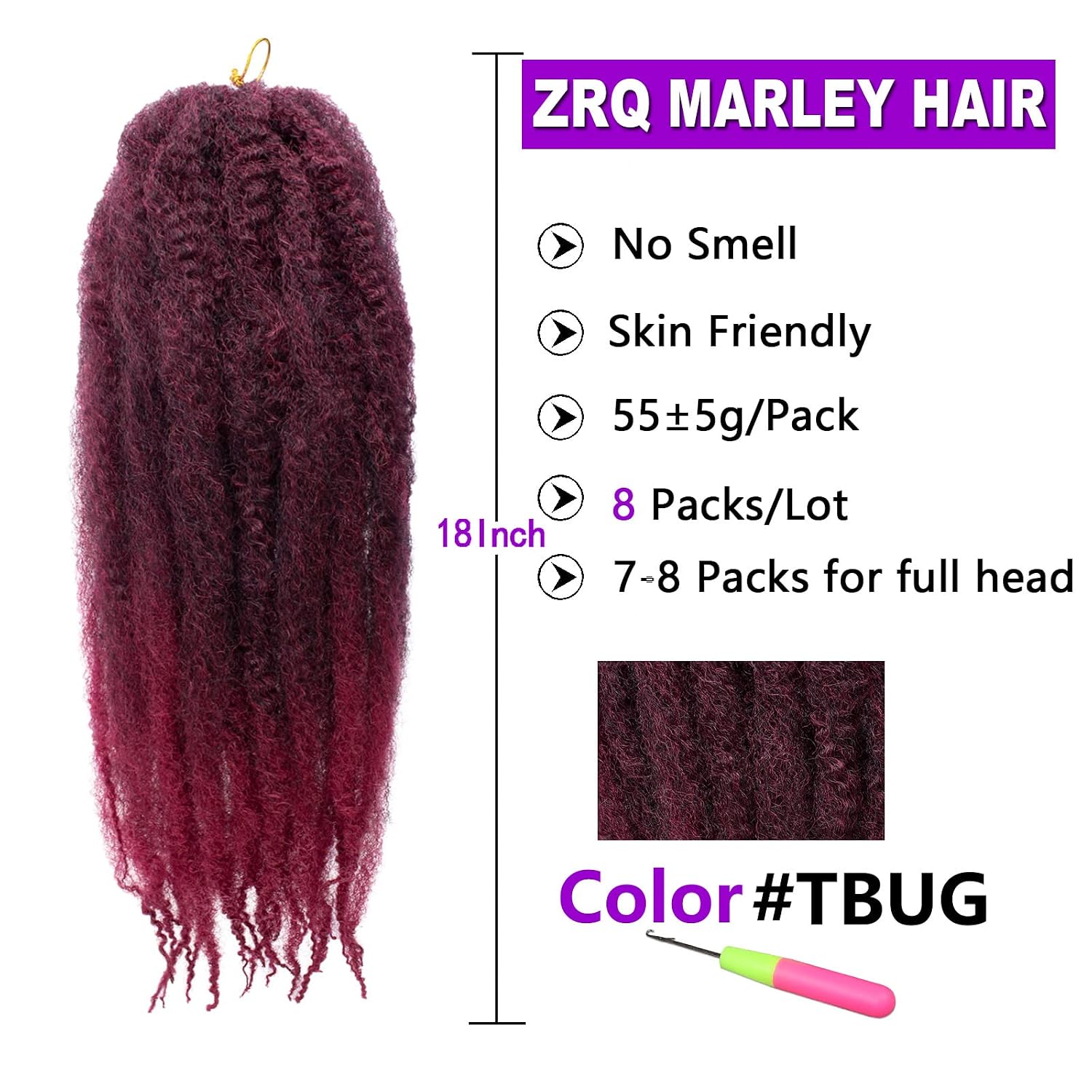 ZRQ 8 Packs 18 Inch Marley Twists Braiding Hair, Burgundy Afro Kinky Marley Hair Crochet Braids, Curly Curly Twist Hair For Locs(TBUG#,8 Packs)