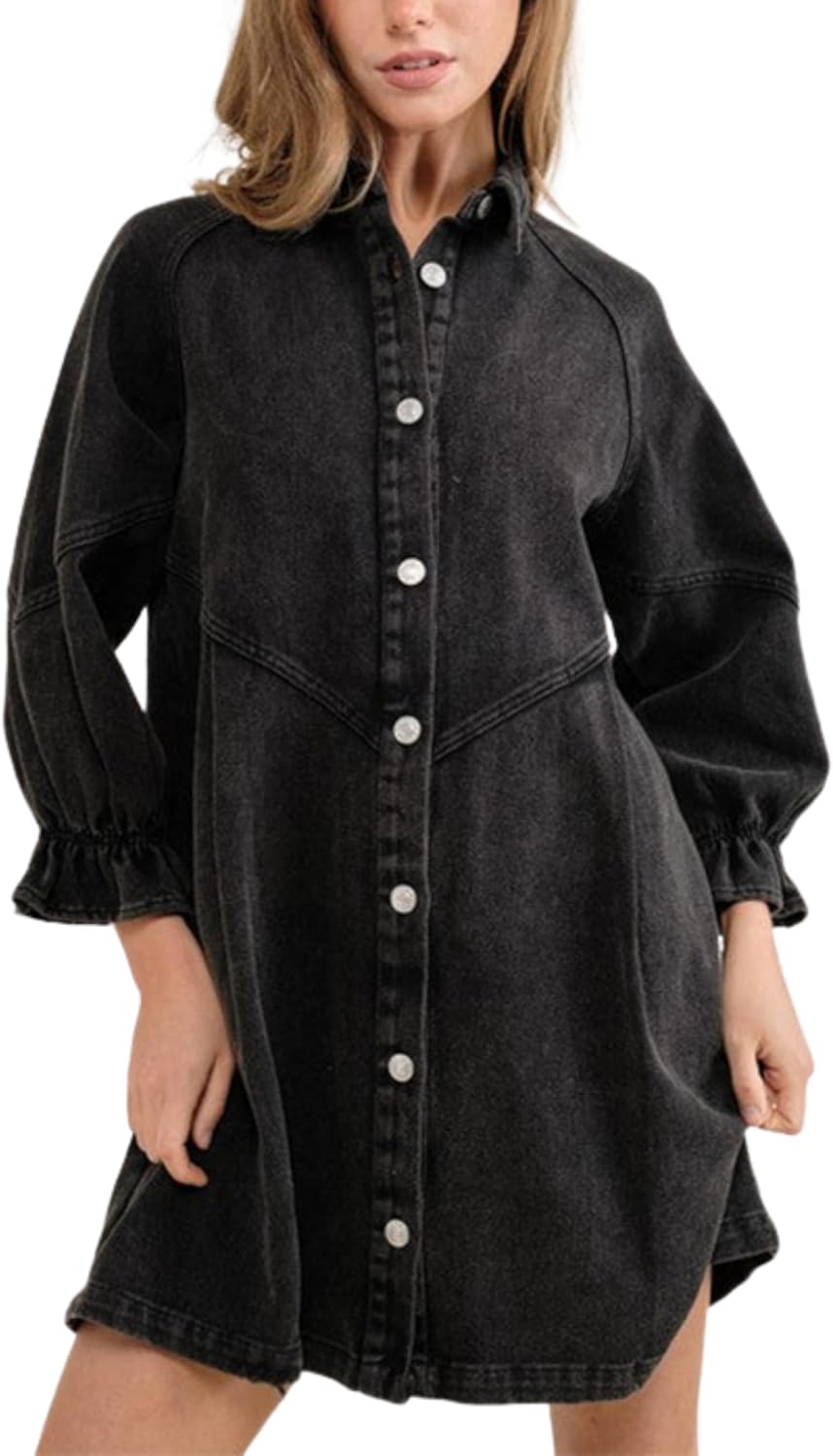 Women's Lantern Long Sleeve Denim Dress Button Down Shirt Jean Dress Collared Casual Tunic Top