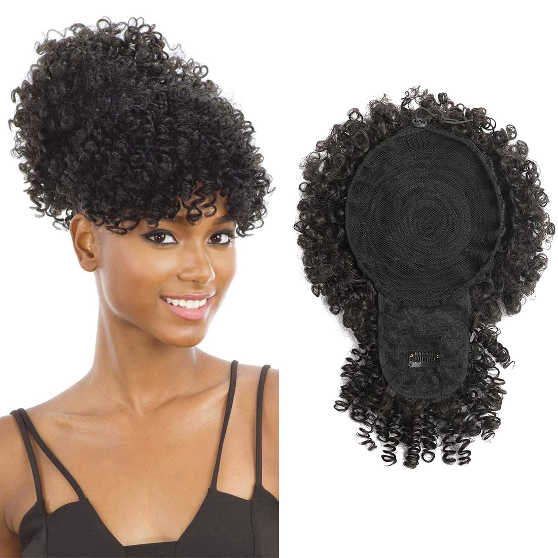 Afro Puff Drawstring Ponytail with Kinky Curly Hair Clip in Bangs Short Ponytail Hair Extensions Updo Hairpieces for Black Women (2#)