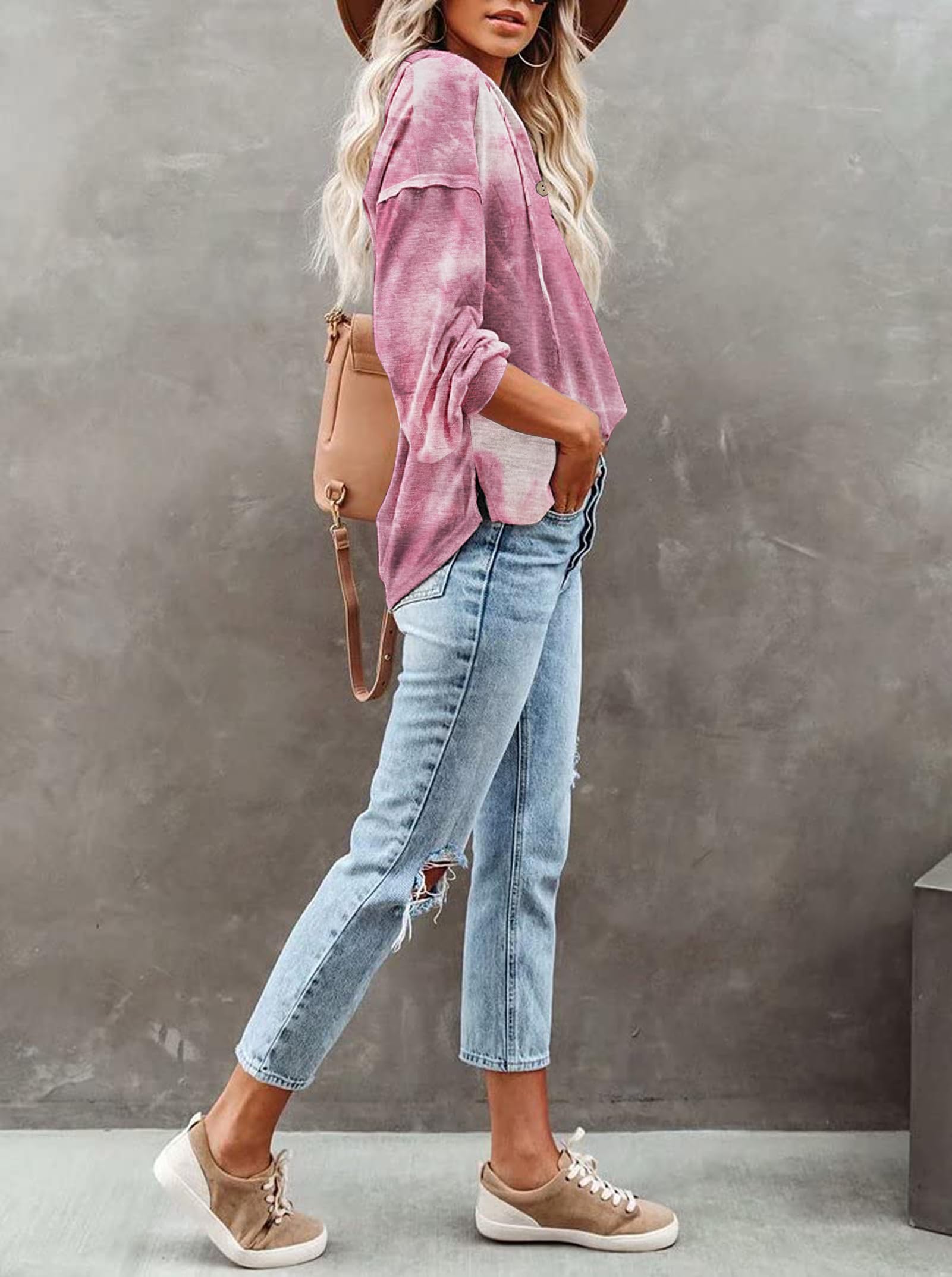 PLOKNRD Damska bluza oversize z długim rękawem zapinana na guziki bluzy ze sznurkiem