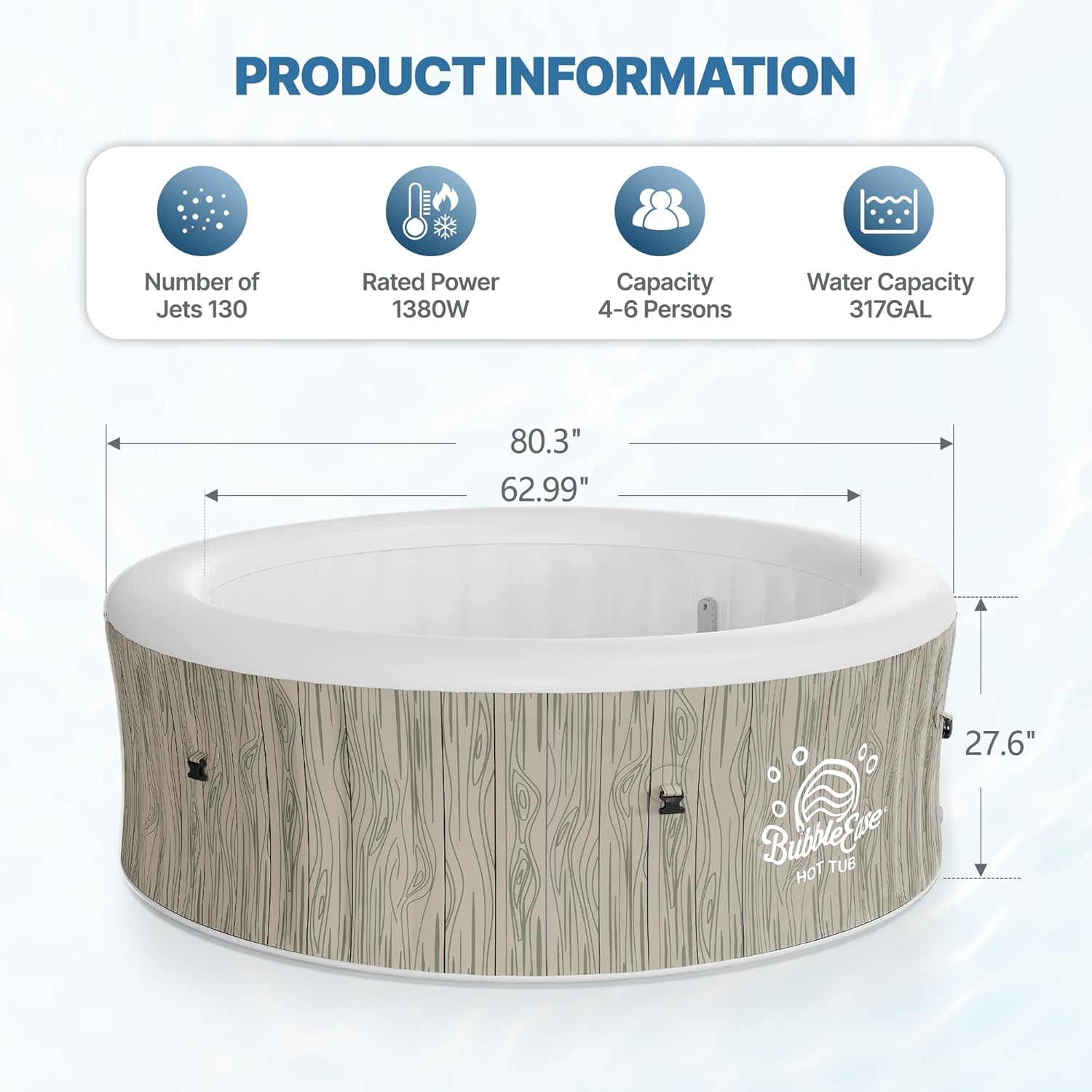 Inflatable Hot Tub, 80" Round Portable Outdoor Spa for 4-6 Person, Wood-Grain Blow Up Tub with External Pump, 130 Soothing Bubble Jets, Smart Heating, 4 Filters, 110-120V