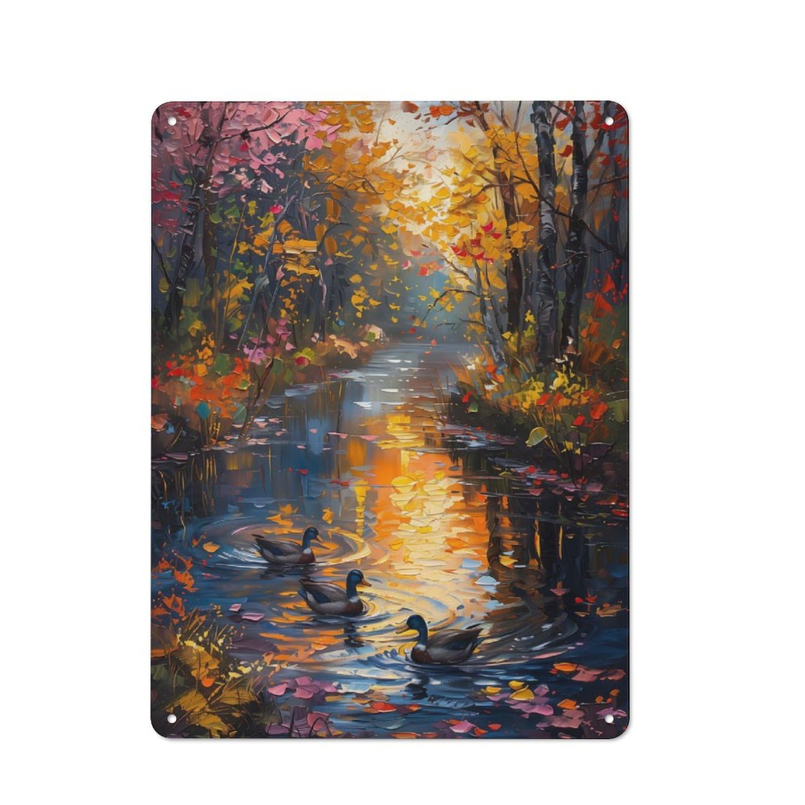Junmoney Ducks In Floral River Rustic Tin Wall Plaque 40X30cm For Living Room Wall, For Kitchen, Dining Room And Home Bar Wall Decor