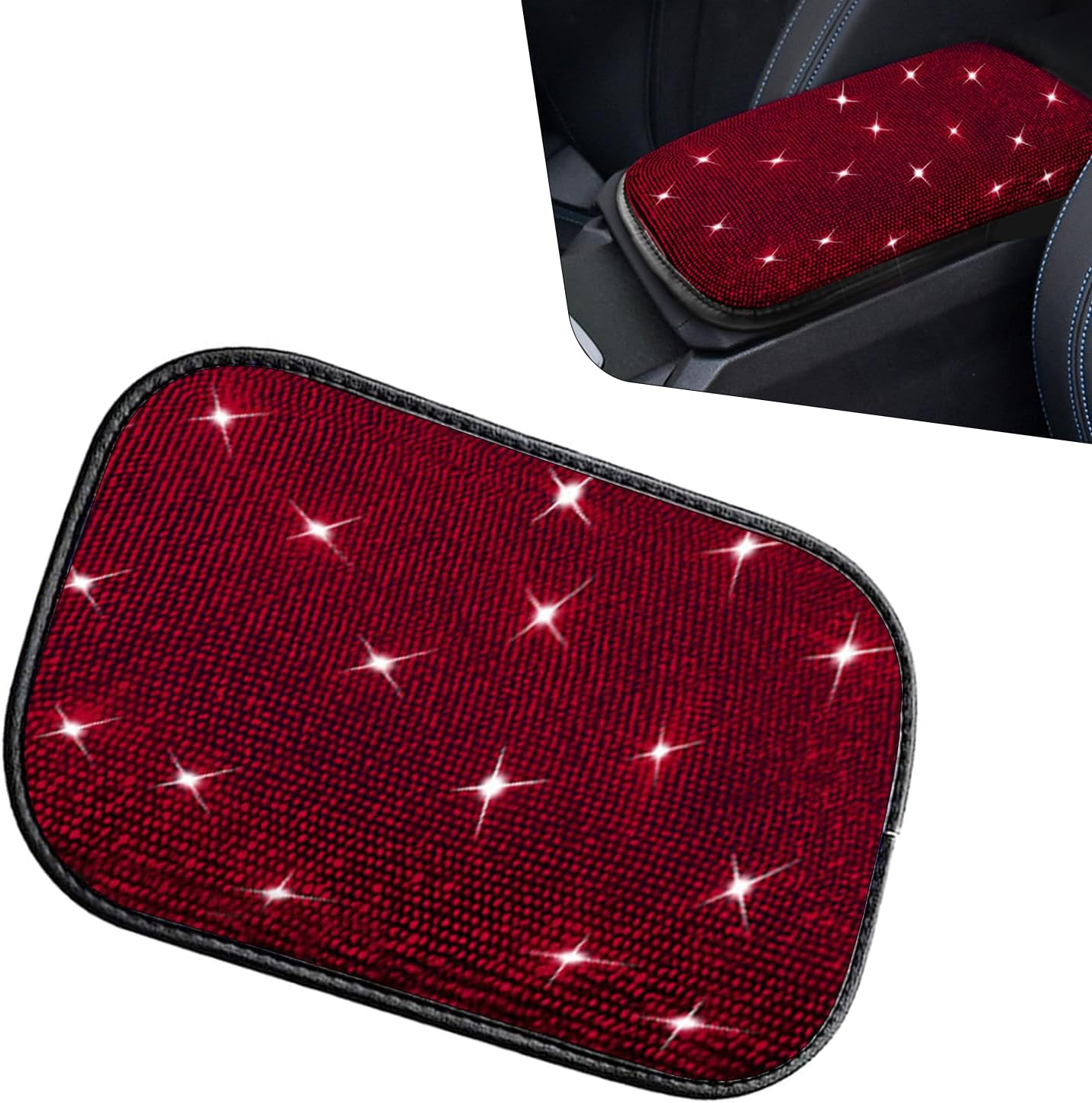 Bling Car Armrest Cover, 11.81" x 8.66" Sparkling Auto Center Console Cover Pad, Anti-Scratch & Non-Slip Arm Rest Cushion Pad, Universal Bling Car Accessories for Women Girl (Red)