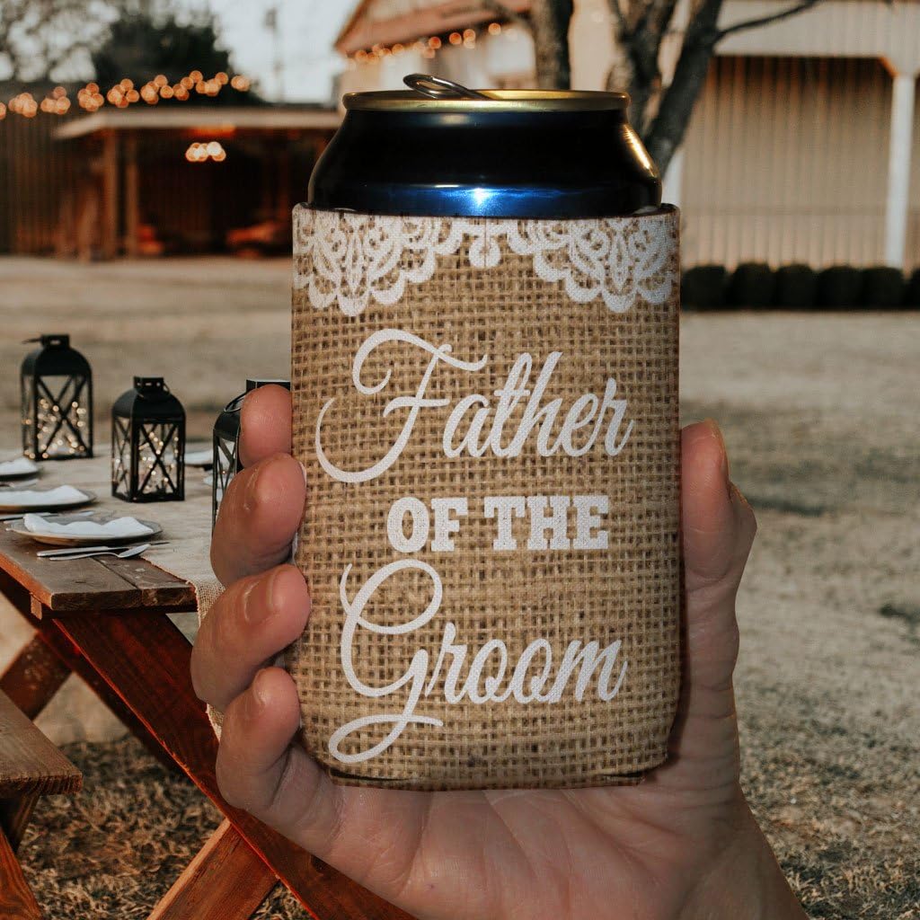 VictoryStore Burlap Rustic Wedding Party Can Coolers – Father of the Groom Design – Foam Insulated Beverage Sleeves for 12-16 oz Cans & Bottles – Wedding Favors, Bachelorette Party Gifts