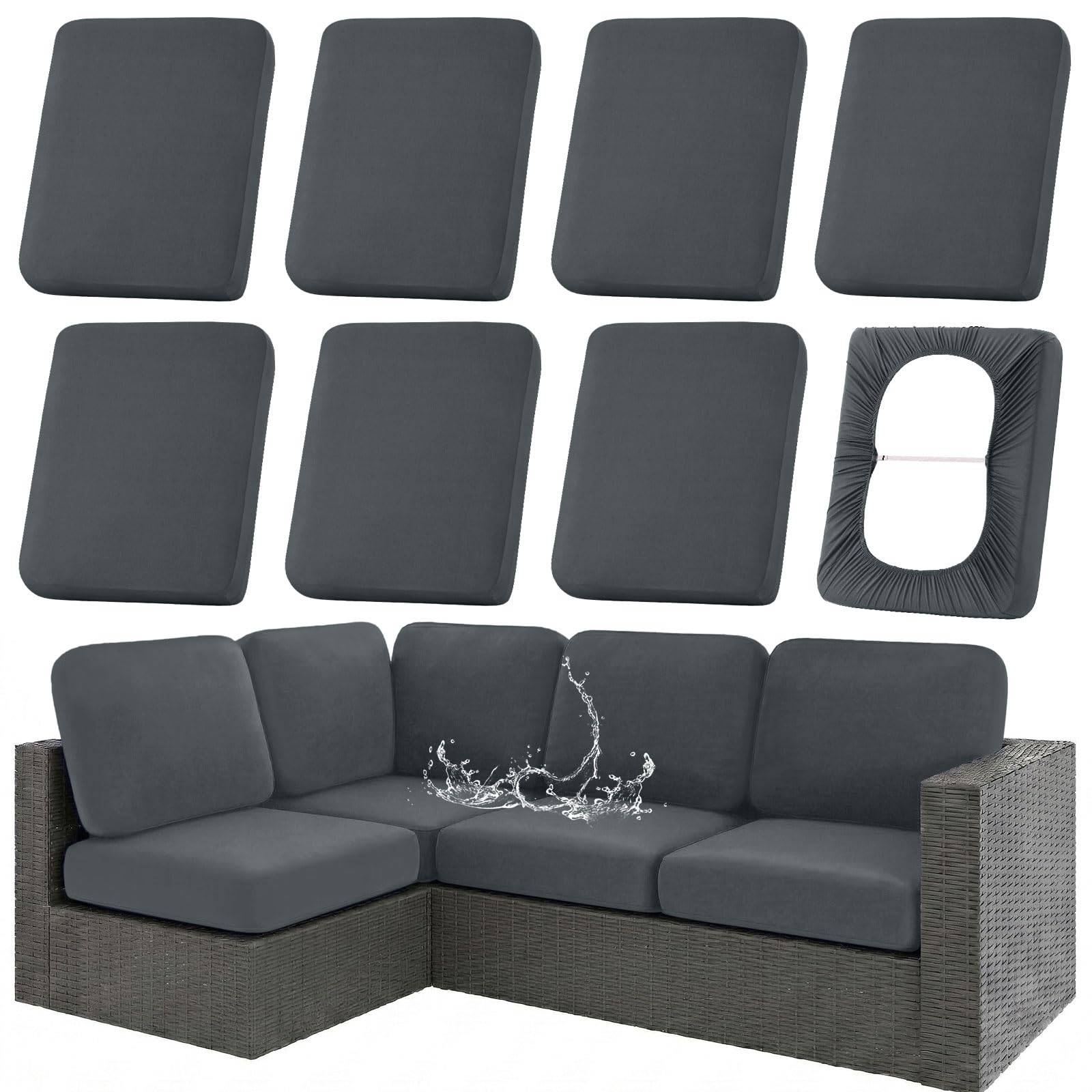 (only cushion)) similar photo)) hyha Waterproof Outdoor Cushion Covers for Patio Furniture, Stretch Patio Chair Cushion Slipcovers, Coated UV Resistant Replacement Seat Covers, Solid Color (Dark Grey, 8PC)