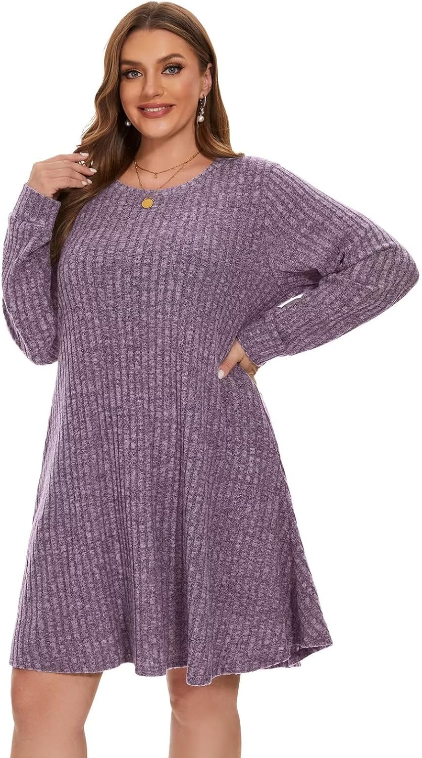 BELAROI Sweater Dress Plus Size Long Sleeve Ribbed Knit Crew Neck Casual Flowy Swing Tunic Pockets Dresses Fall Winter Oufits - Image 4