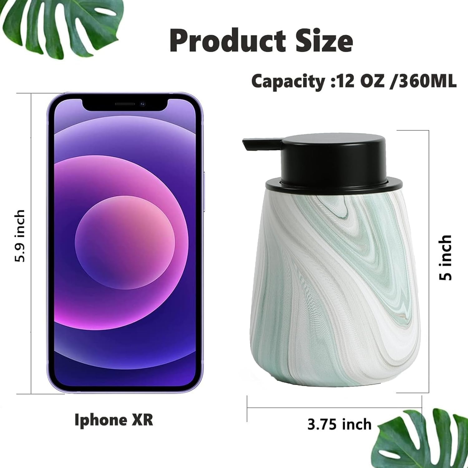 12Oz Foam Hand Soap Dispenser - Modern Ceramic Foaming Soap Dispenser with Easy-to-Press Pump, Reusable and Refillable Liquid Dish Soap Dispensers for Bathroom & Kitchen, Marble Green - Image 6