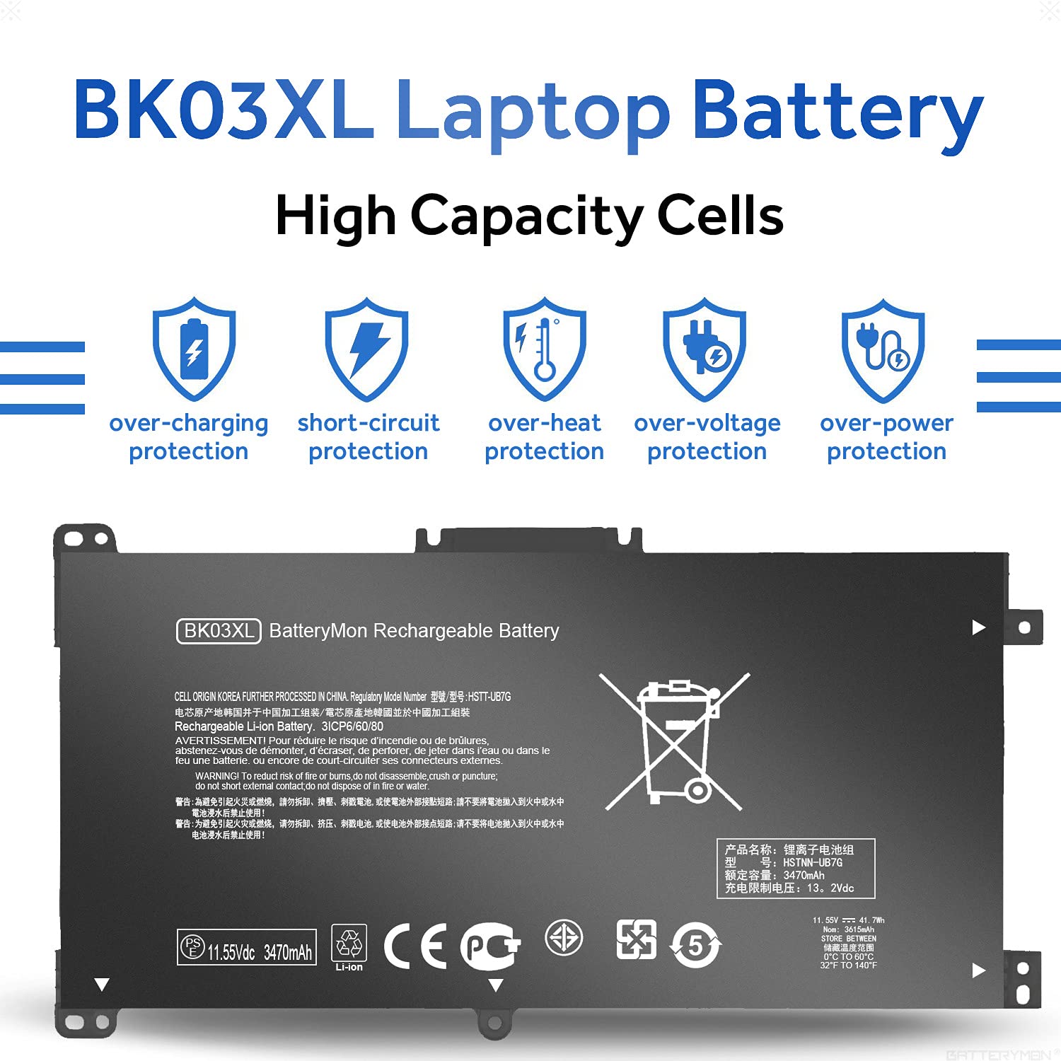 BK03XL Battery Compatible with HP Pavilion X360 14 14m 14-ba253cl 14-ba051cl 14-ba077tu 14m-ba114dx 14m-ba011dx BK03041XL HSTNN-LB7S HSTNN-UB7G 916366-421 916366-541 916811-855 TPN-W125