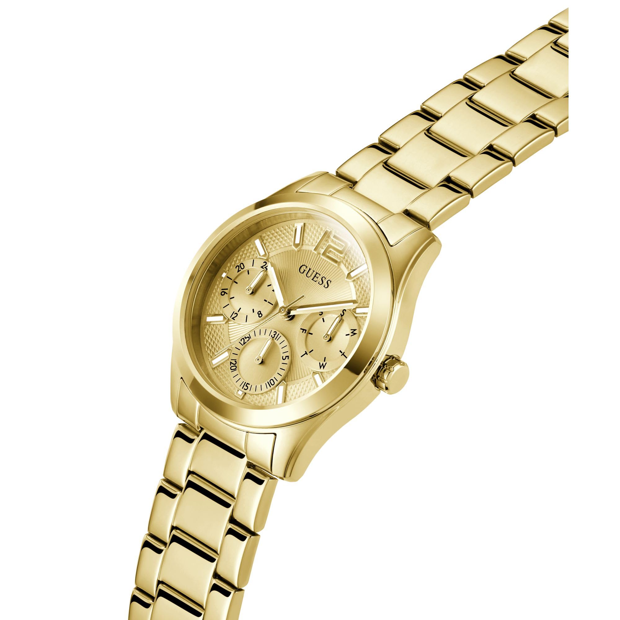 Guess Damen Armbanduhr ZOE mit Zirkonia, goldfarbenes Edelstahlarmband, Mineral Glas, goldenes Ziffernblatt, 5 Bar, Gehäusedurchmesser: 38 mm, GW0760L2