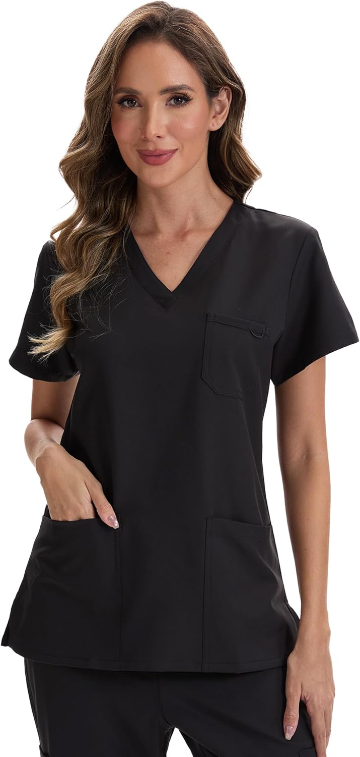 Women's Scrub Top Short Sleeve Medical Shirts Stretchy Soft Nurse Uniform V Neck Top Tee With 3 Pockets - Image 2