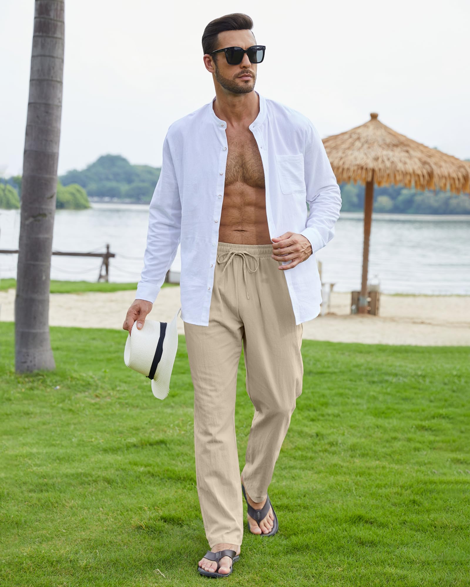 NANAMEEI Herren Leinenhose Lang mit Kordelzug Leicht Sommer Freizeit Strand