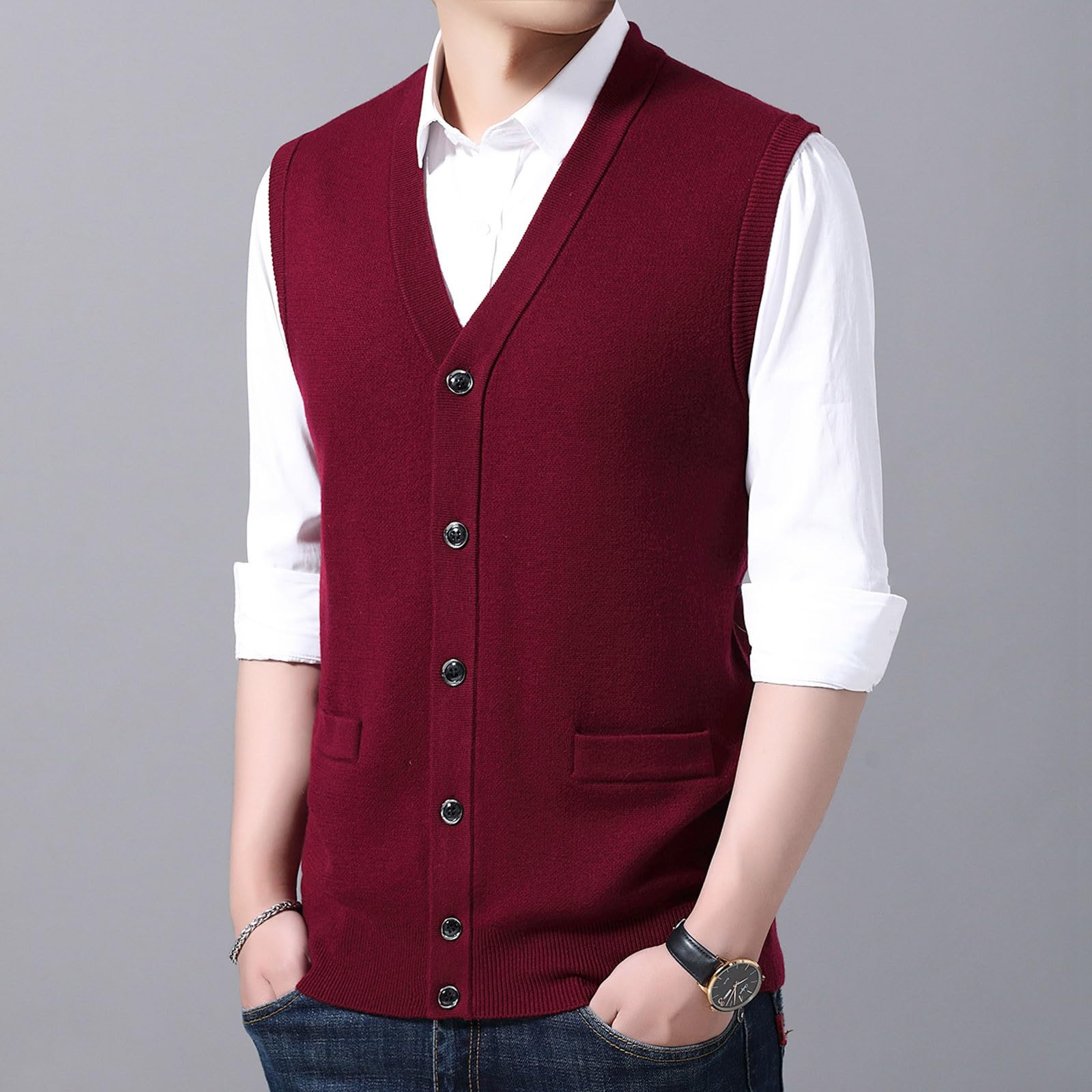 Gilet pour homme en laine mélangée avec boutons, col en V, couleur unie, sans manches, cardigan, poches, débardeur en polaire, débardeur automne hiver chaud