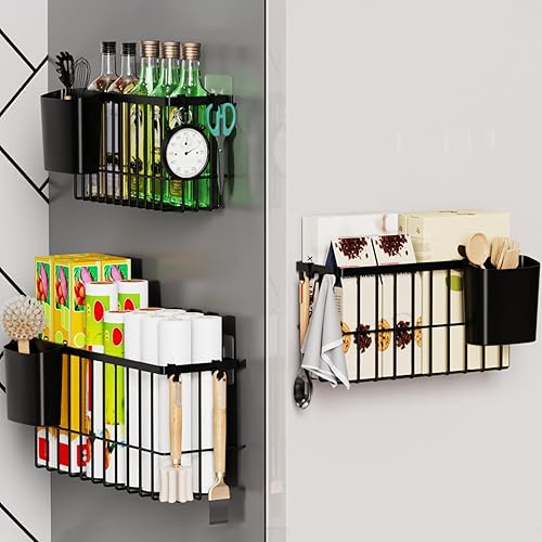 Paquete de 3 cestas de almacenamiento colgantes, contenedores de metal adhesivos montados en la pared con taza extraíble, sin taladrar para cocina,