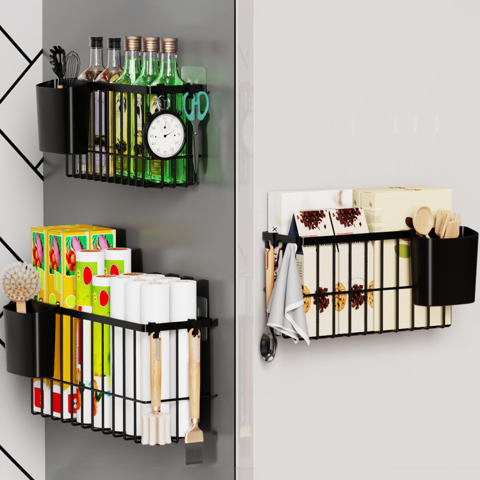 JYSMYWS 3 Pack Hanging Storage Basket Organizer Adhesive Wall Mounted Metal Bins with Removable Cup No-Drill for Kitchen