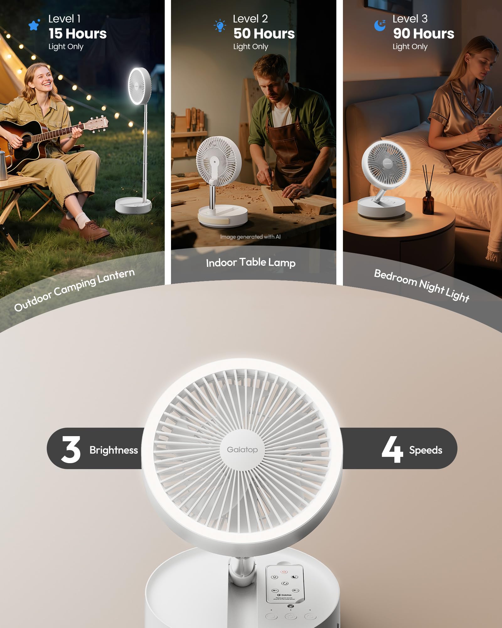 Gaiatop Ventilateur sur pied portable avec batterie 16 000 mAh [autonomie maximale de 74 h], ventilateur oscillant pliable, lumière LED, boîtier et télécommande, 4 vitesses pour l'extérieur, voyage