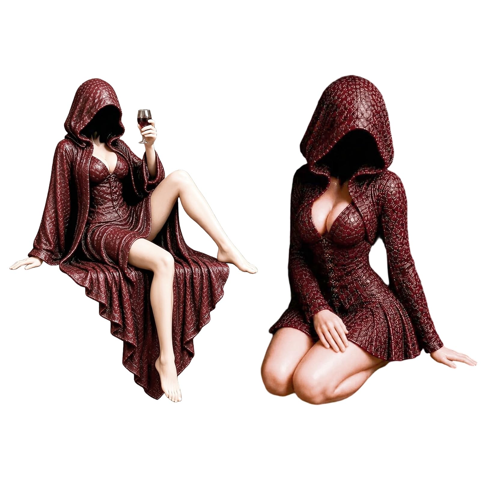 Pasisuu Gothic Bookshelf Decor – Hooded Reader Statue with Burgundy Robe, Faceless Mystery Figurine for Dark Academia Room Accessories B