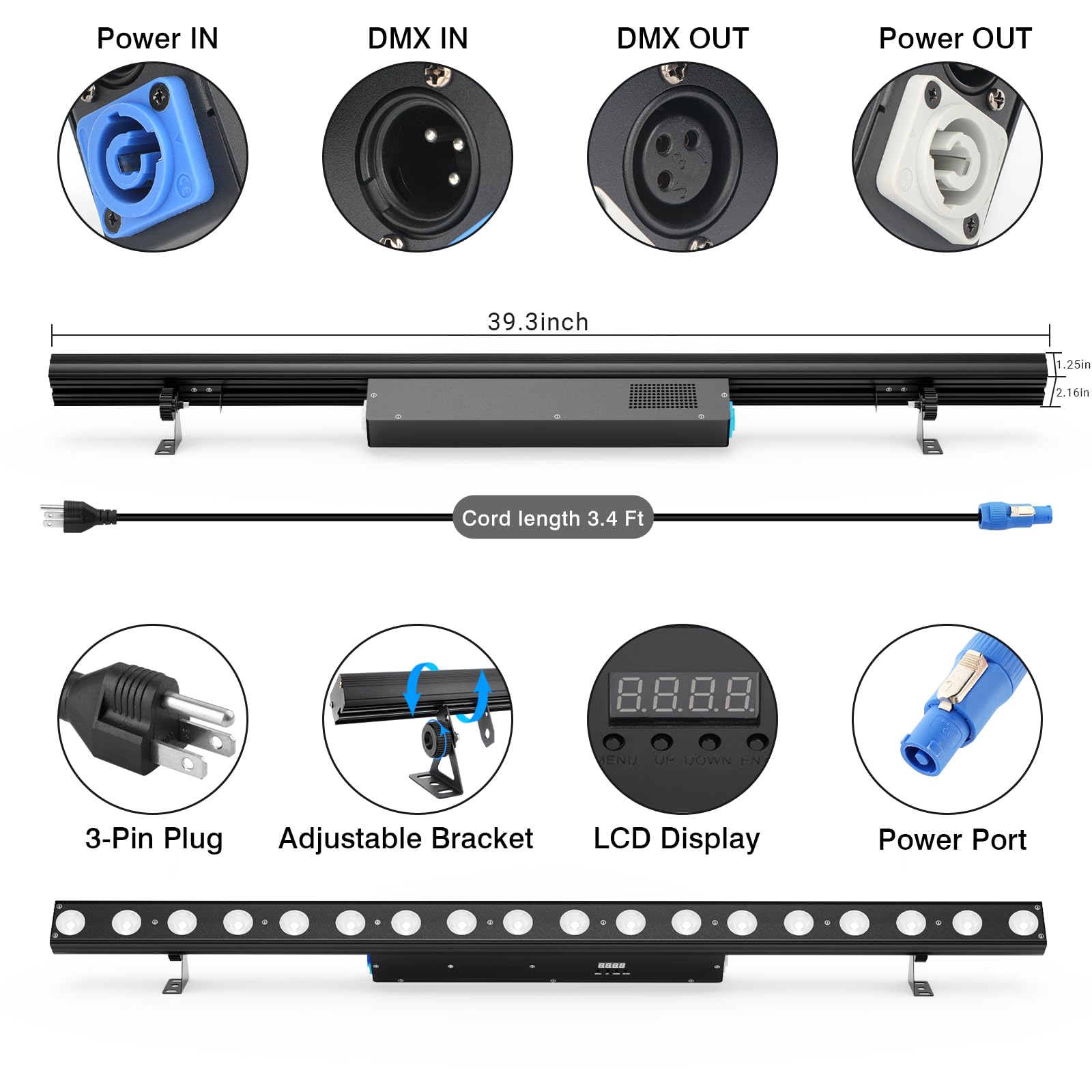 Barra de luz LED para lavado de escenario, 120 W, 18 LED, RGBW, DJ, DMX, barra de luz con función de persecución, 15 colores estáticos y 115 espectáculos, luz de haz LED, control DMX para boda,