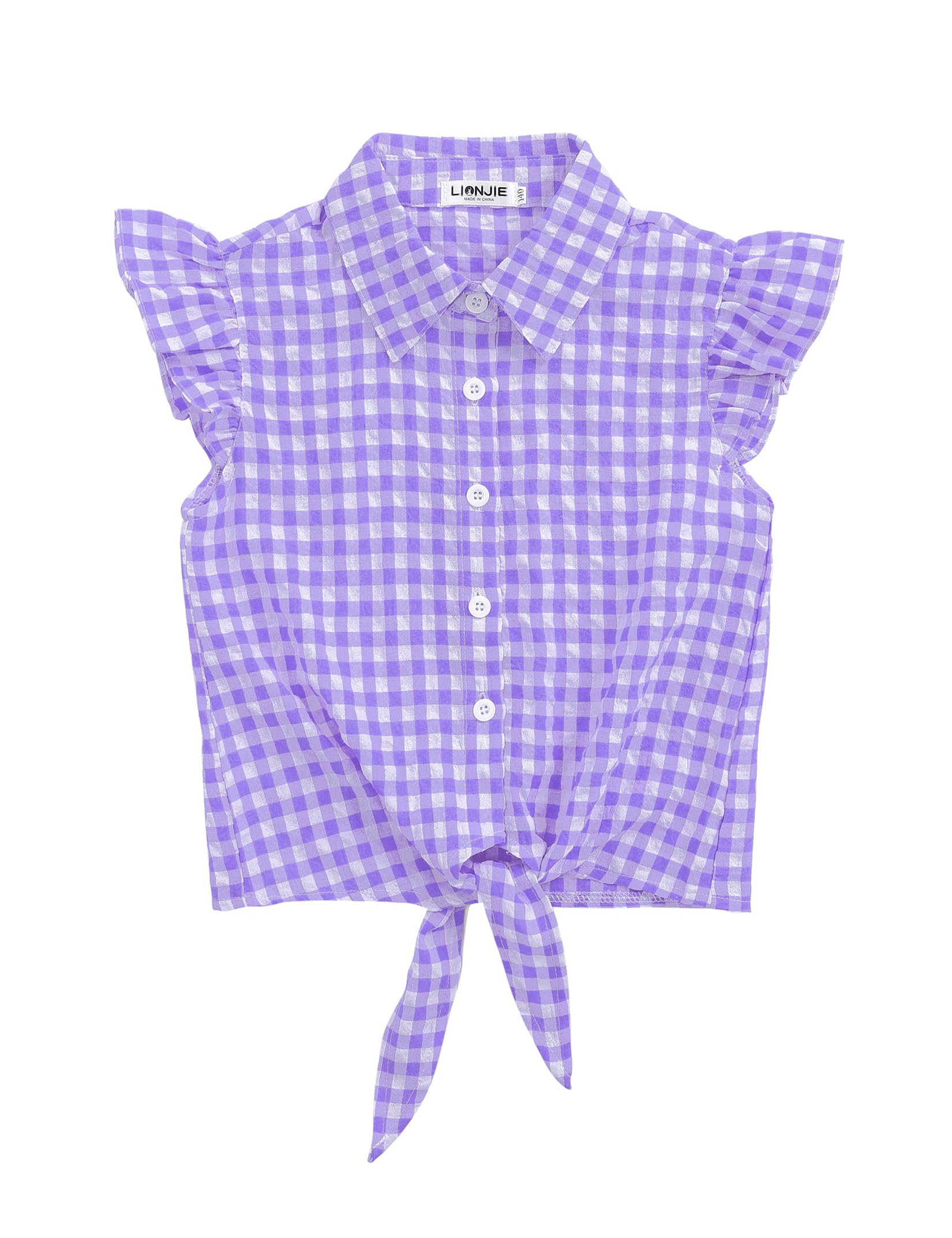Girls Sleeveless Plaid Button Down Shirt Summer Crop Tops Tie Knot Ruffle Sleeve Shirt Blouse 3-12Y